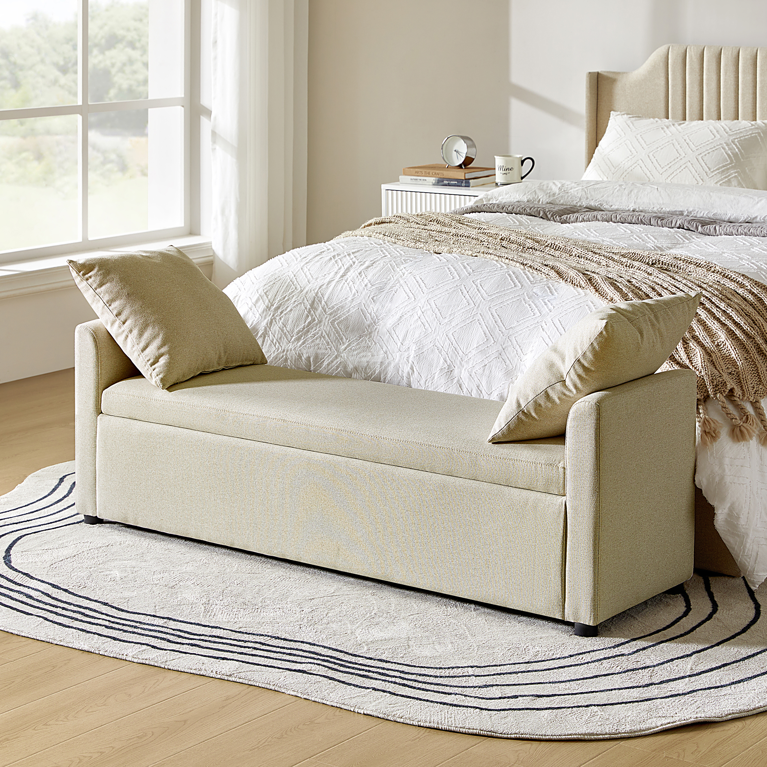 Benito 59.4" Wide End of Bed Storage Couch Bench with Two Throw Pillows