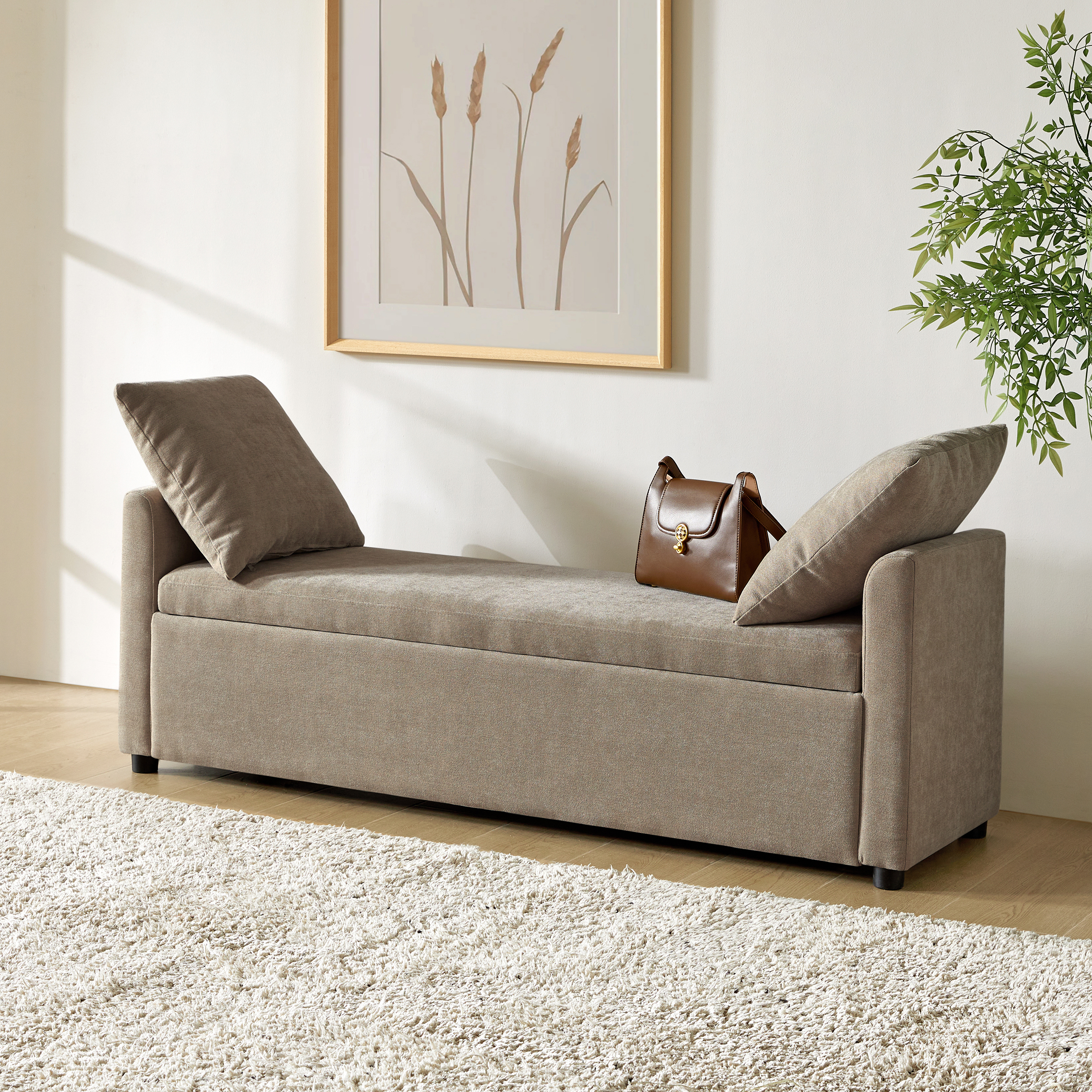 Benito 59.4" Wide End of Bed Storage Couch Bench with Two Throw Pillows