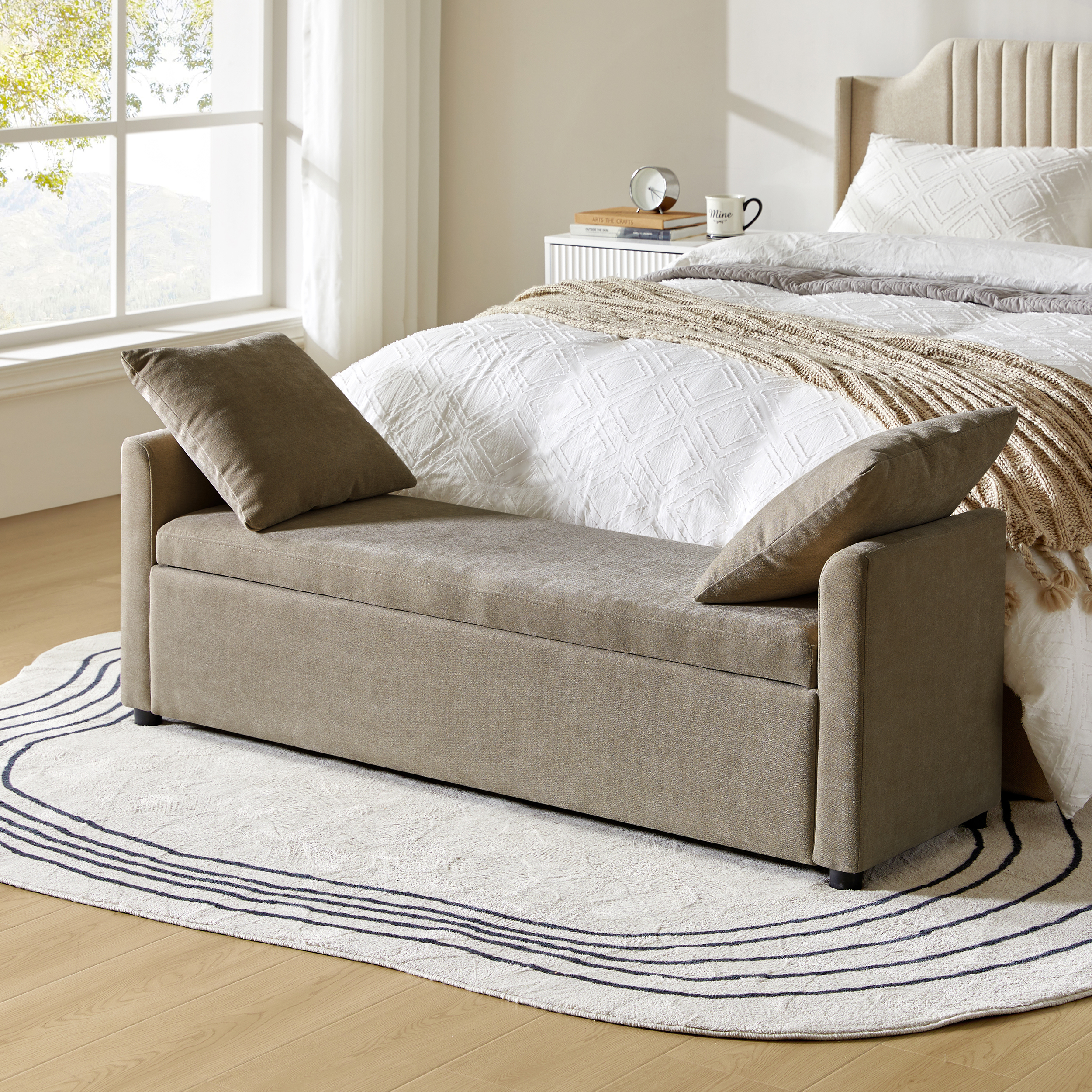 Benito 59.4" Wide End of Bed Storage Couch Bench with Two Throw Pillows