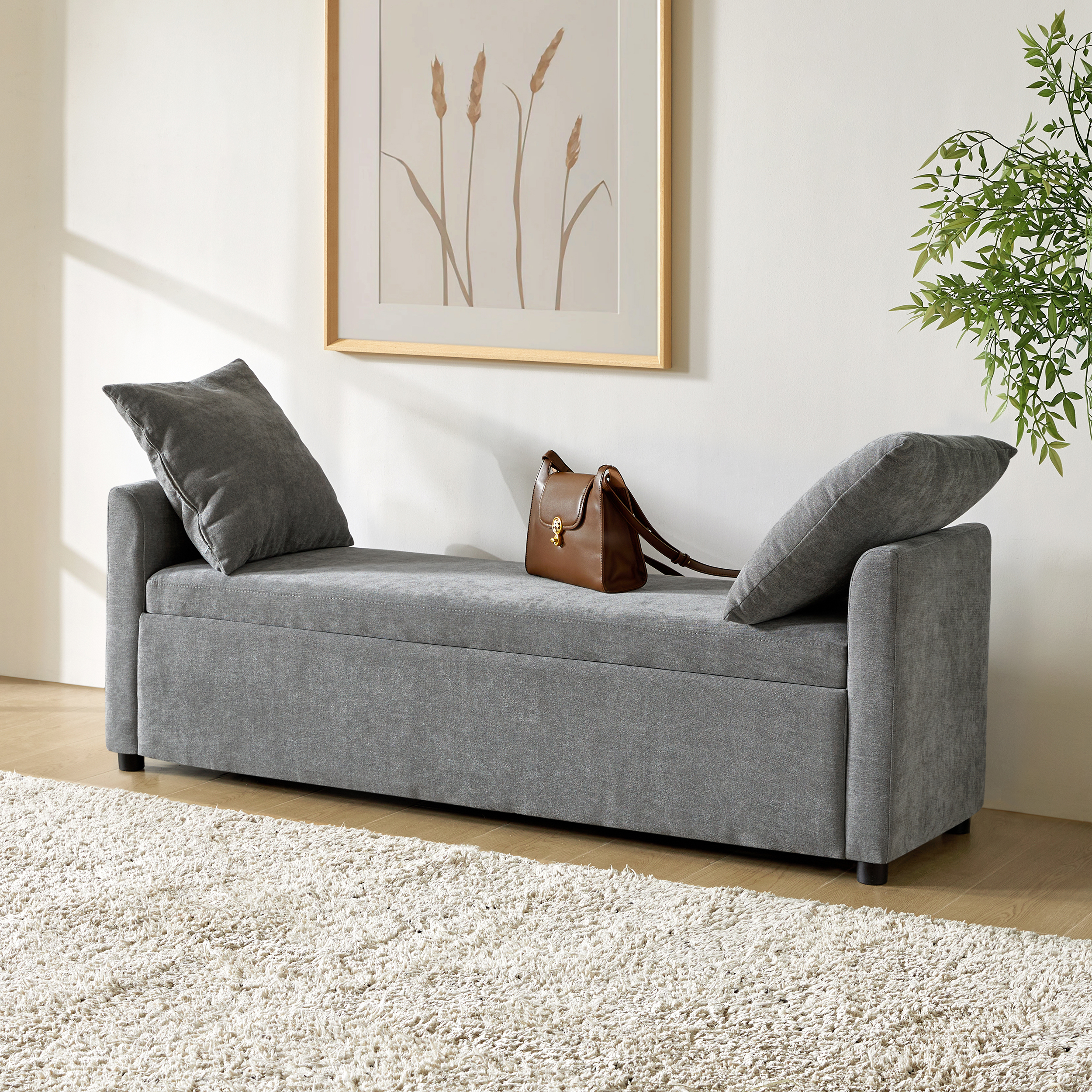Benito 59.4" Wide End of Bed Storage Couch Bench with Two Throw Pillows