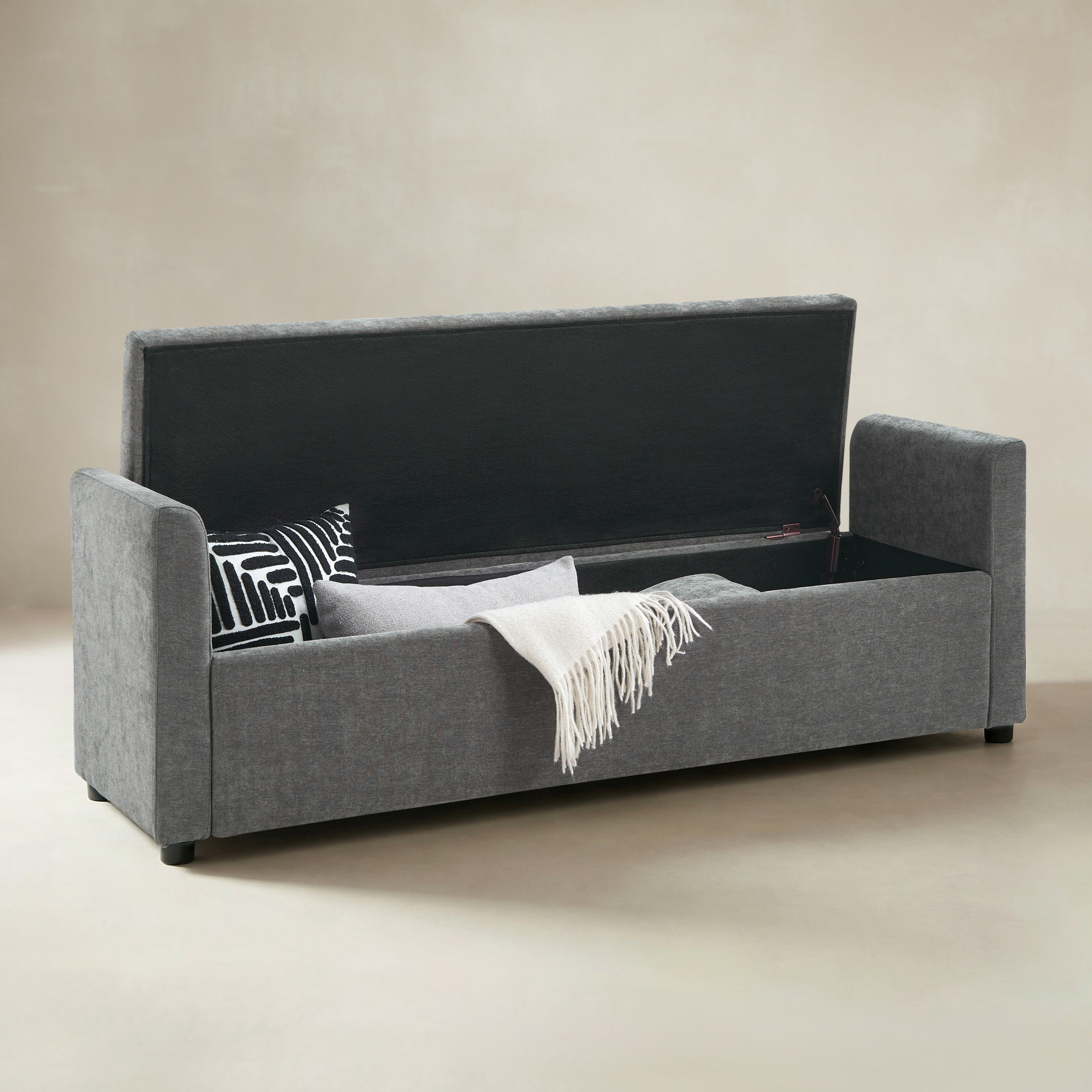 Benito 59.4" Wide End of Bed Storage Couch Bench with Two Throw Pillows