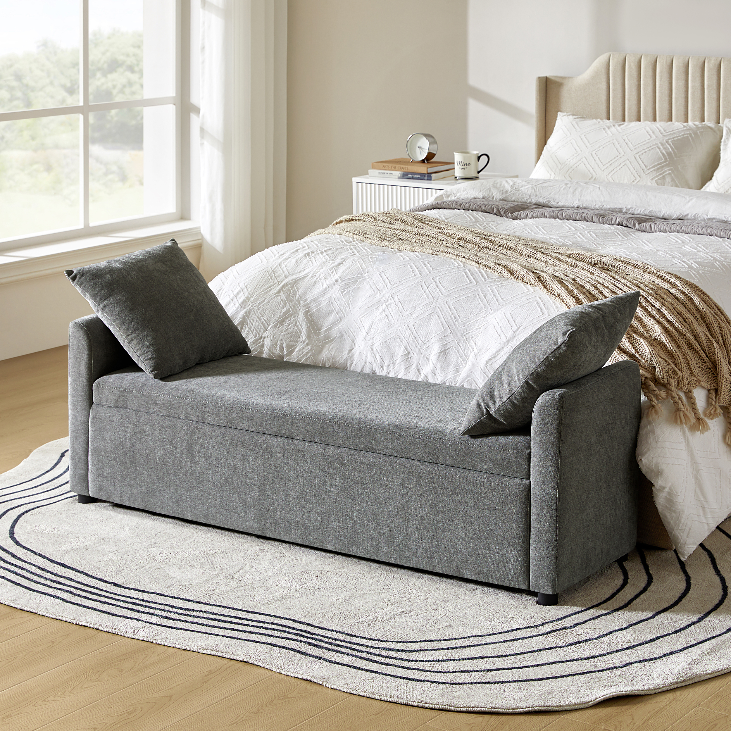 Benito 59.4" Wide End of Bed Storage Couch Bench with Two Throw Pillows
