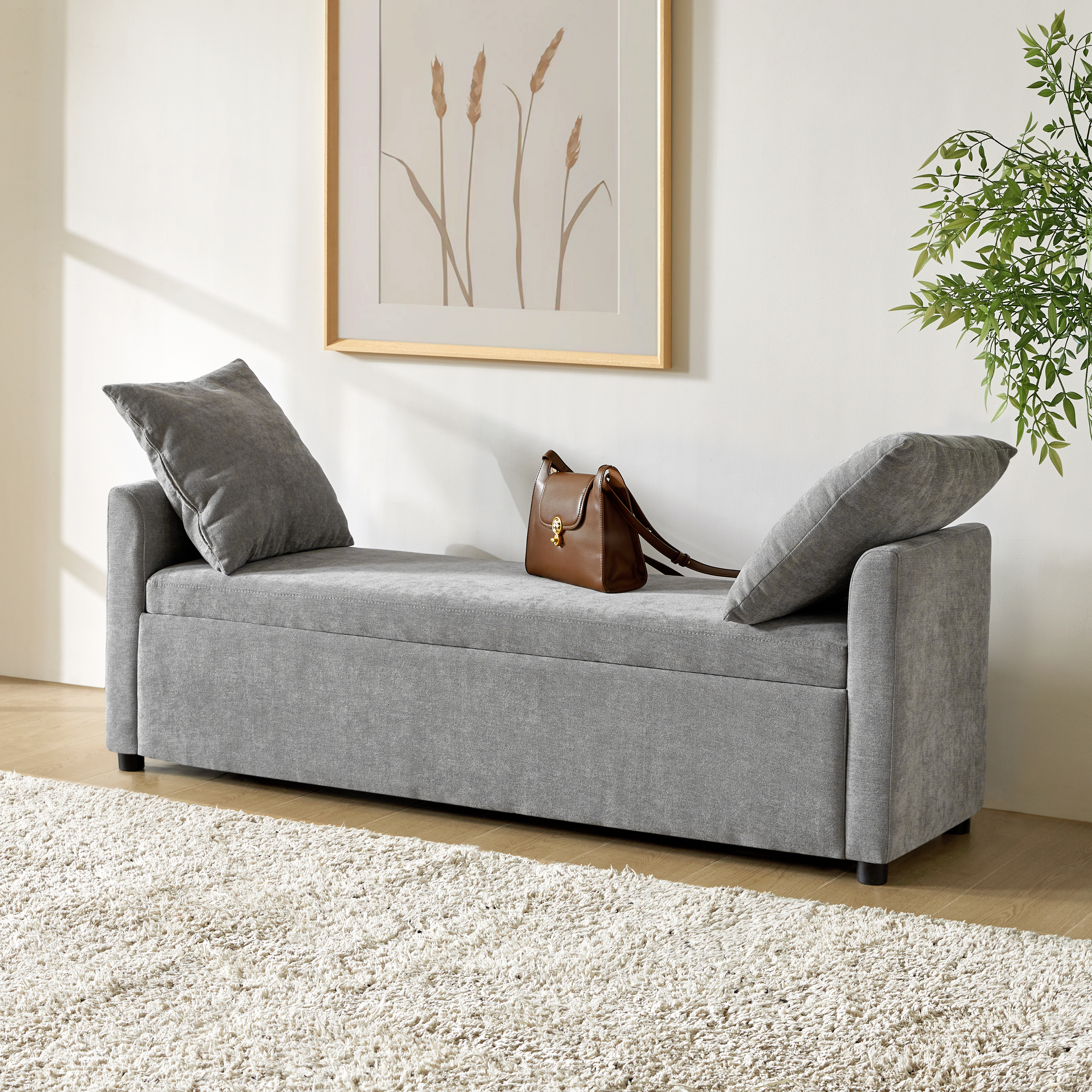 Benito 59.4" Wide End of Bed Storage Couch Bench with Two Throw Pillows