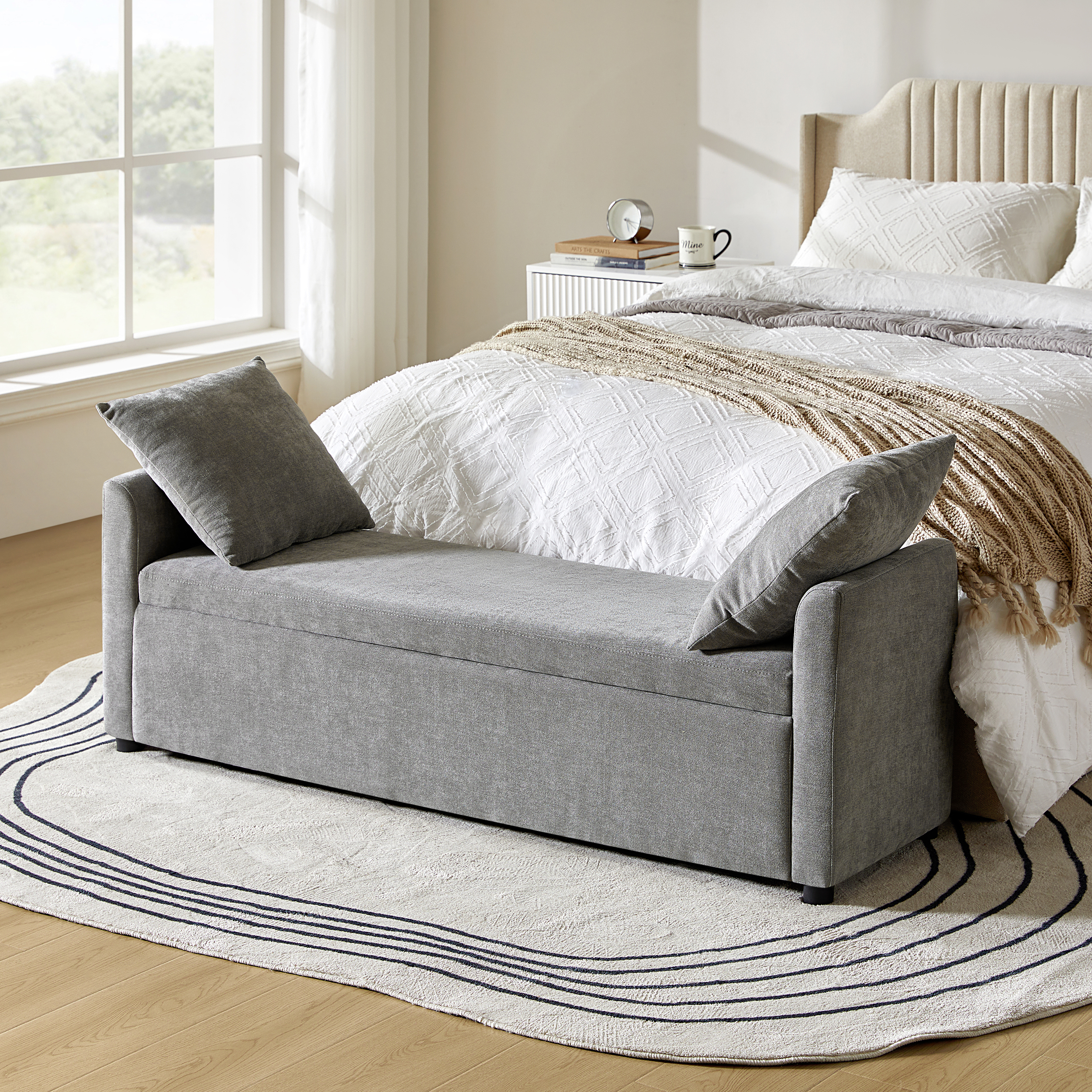 Benito 59.4" Wide End of Bed Storage Couch Bench with Two Throw Pillows