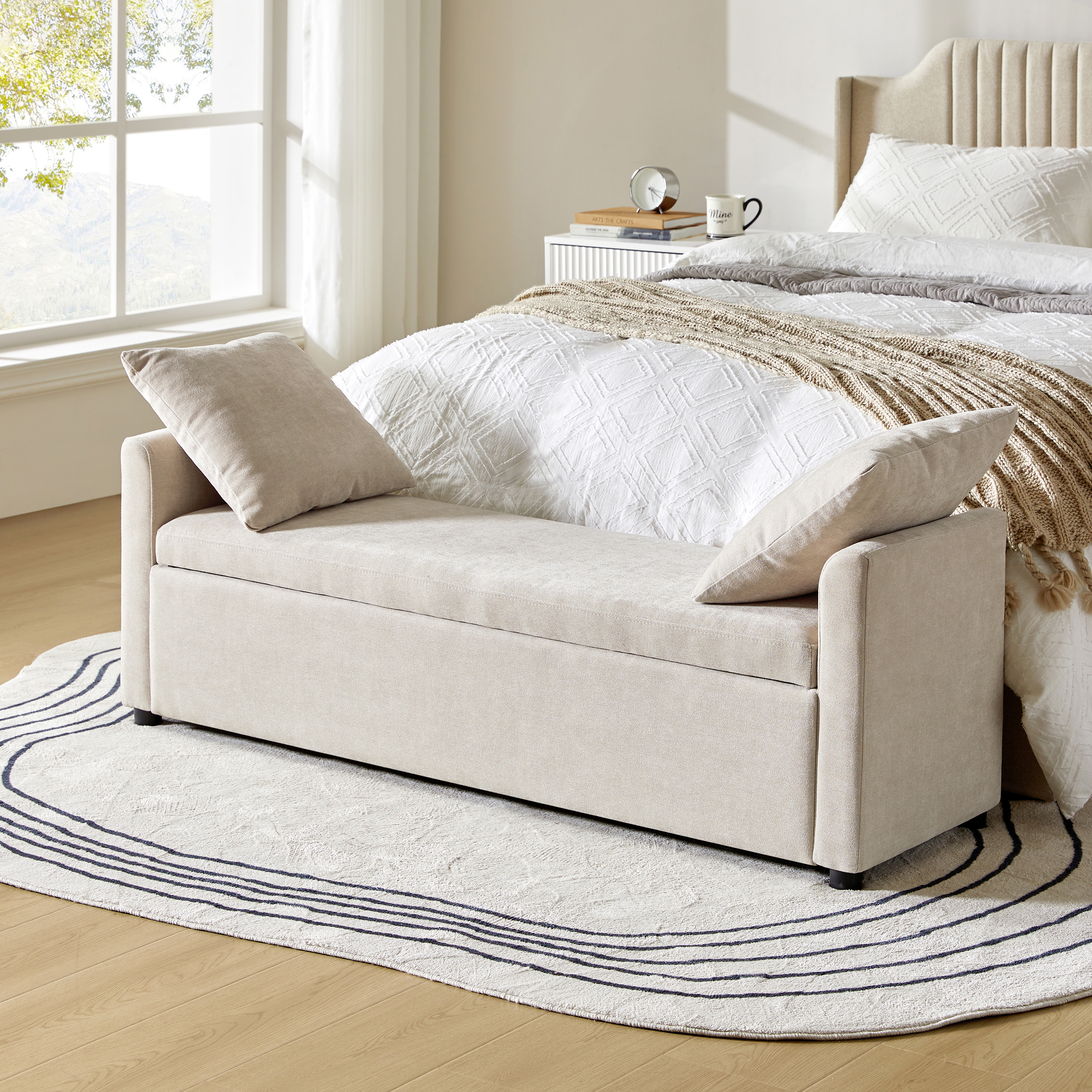 Benito 59.4" Wide End of Bed Storage Couch Bench with Two Throw Pillows
