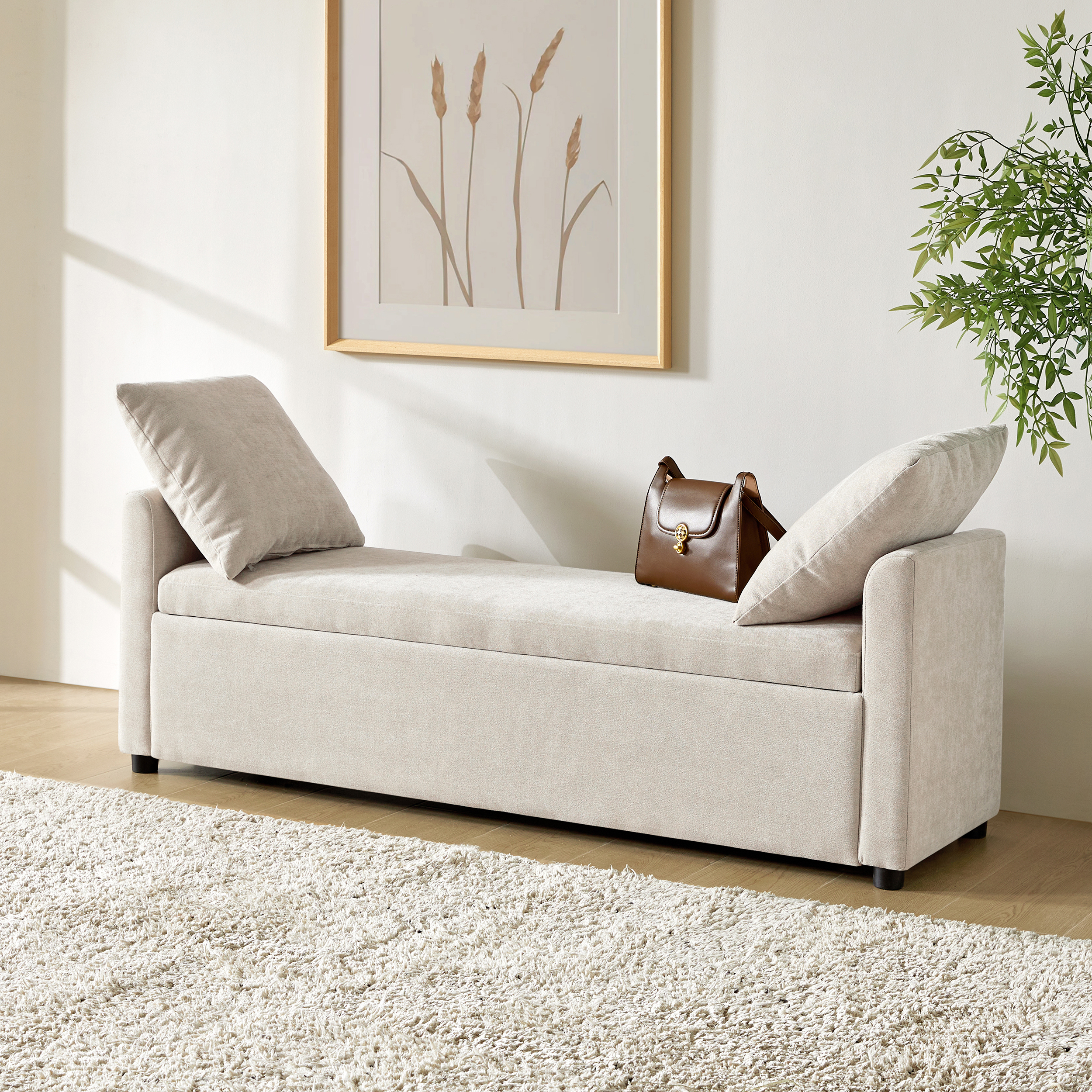 Benito 59.4" Wide End of Bed Storage Couch Bench with Two Throw Pillows