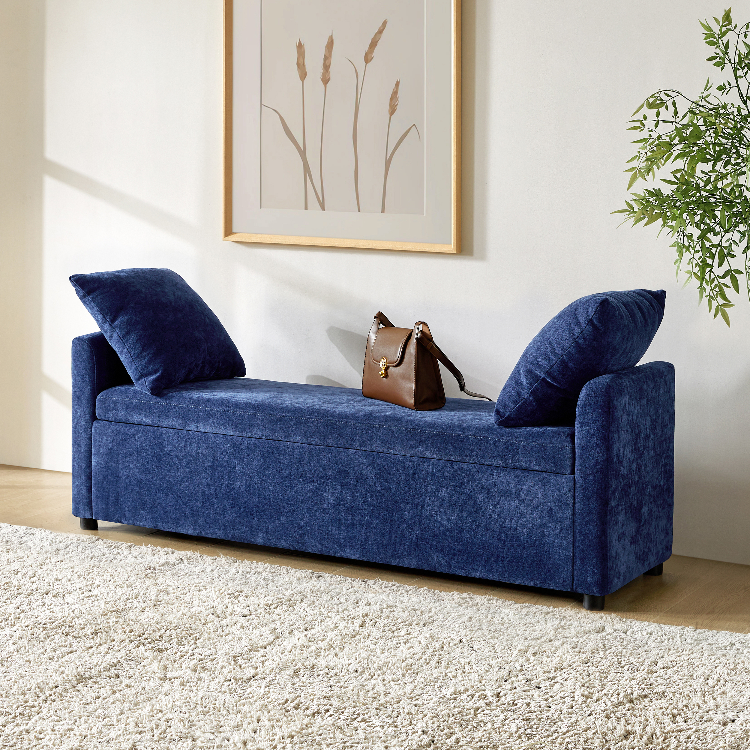 Benito 59.4" Wide End of Bed Storage Couch Bench with Two Throw Pillows