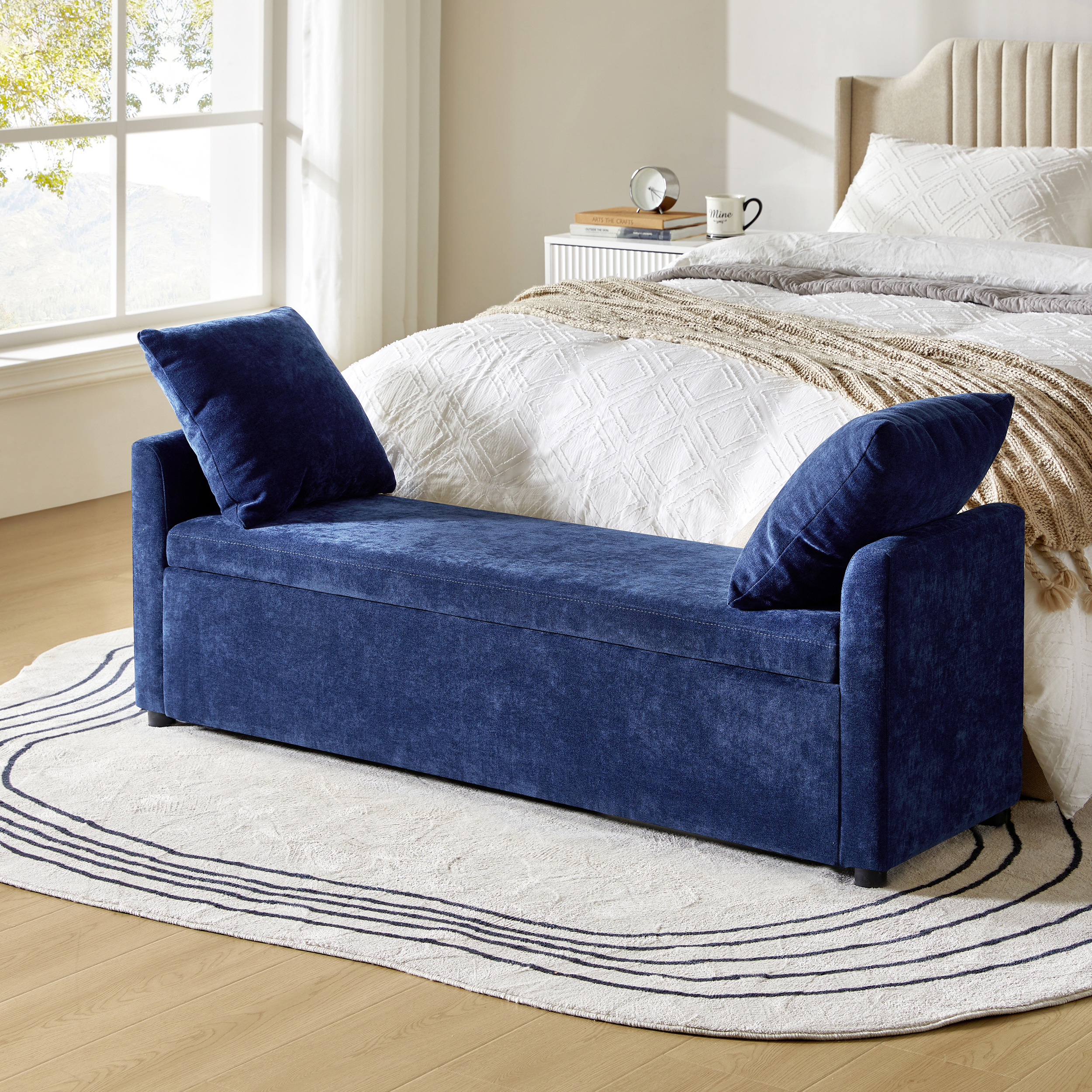 Benito 59.4" Wide End of Bed Storage Couch Bench with Two Throw Pillows