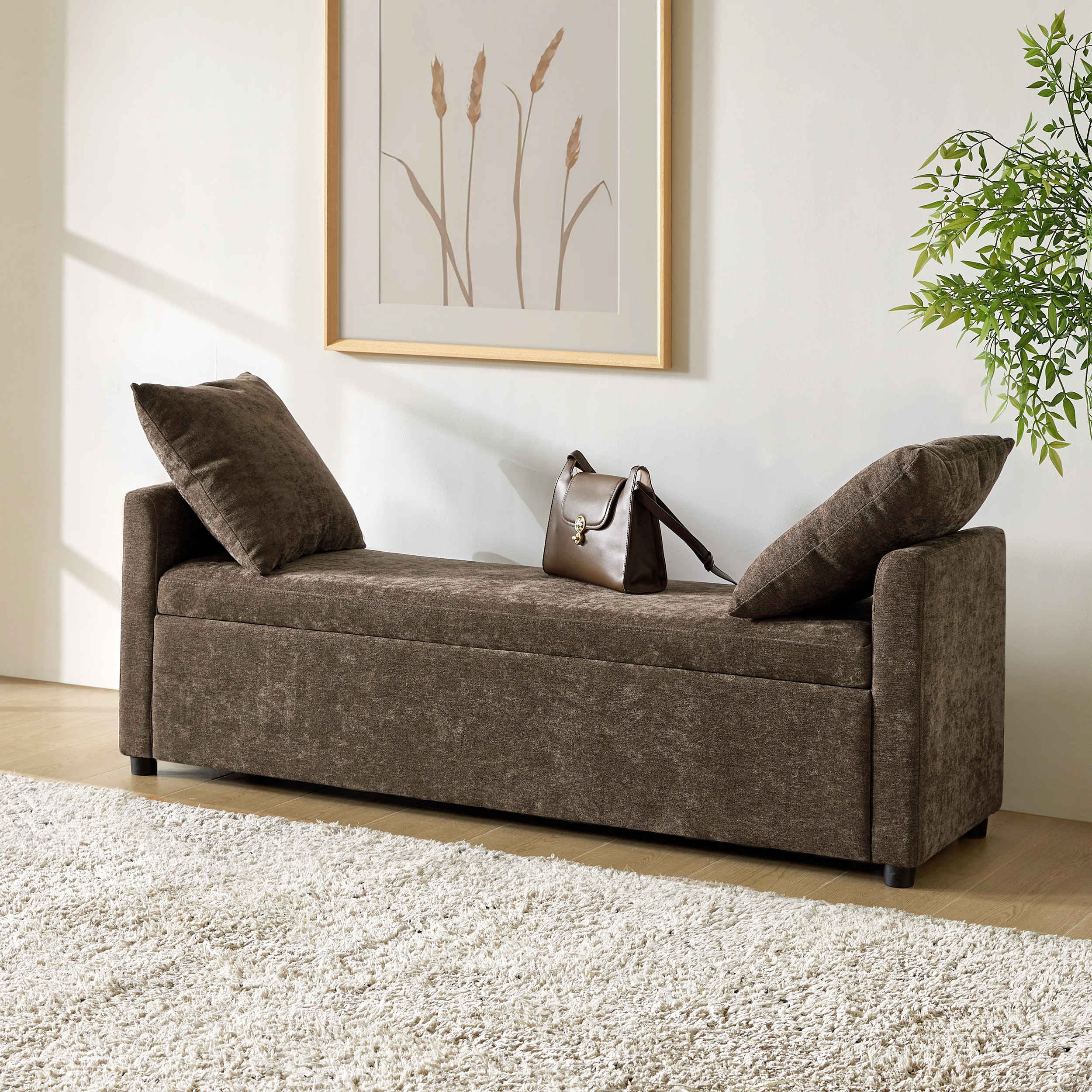 Benito 59.4" Wide End of Bed Storage Couch Bench with Two Throw Pillows