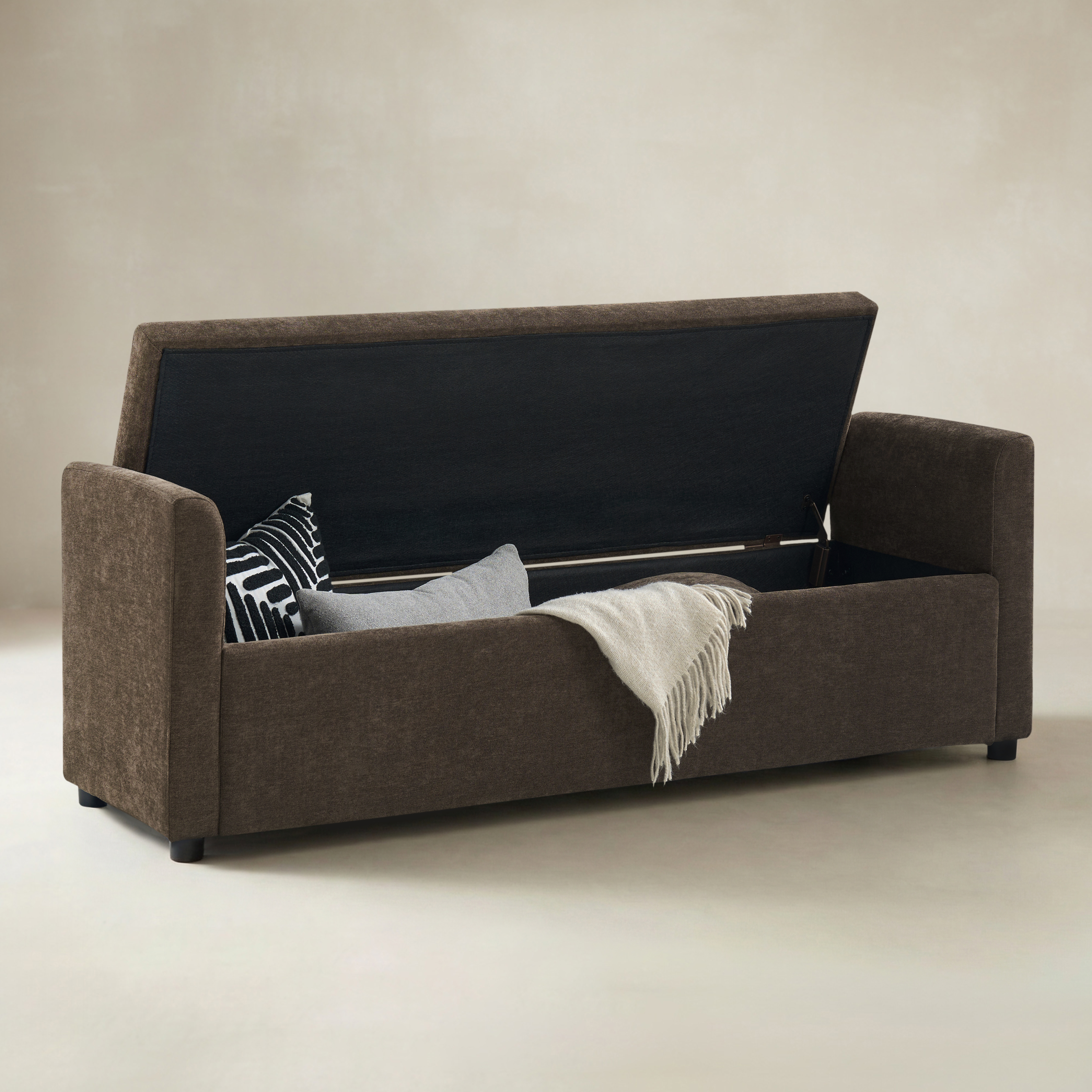 Benito 59.4" Wide End of Bed Storage Couch Bench with Two Throw Pillows