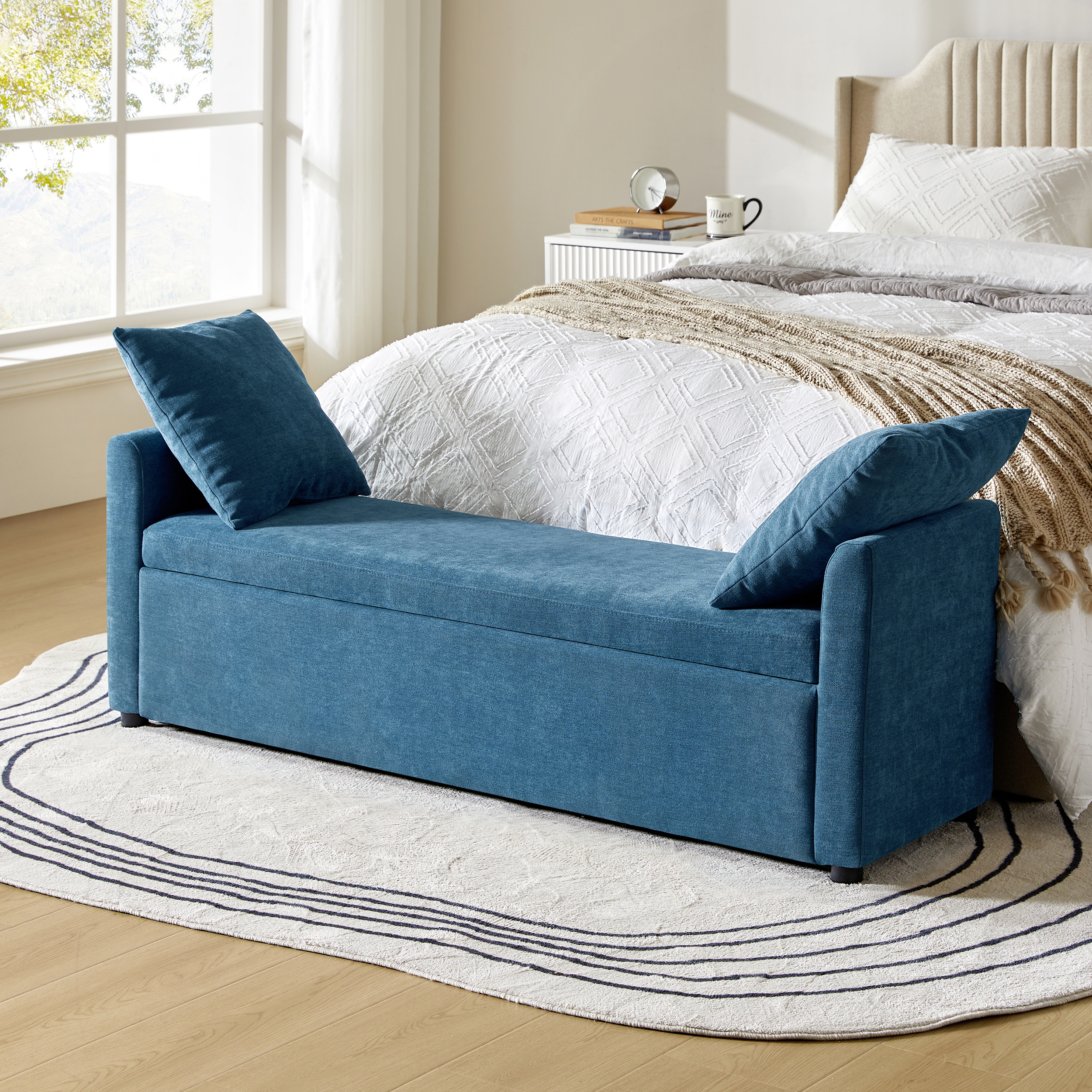 Benito 59.4" Wide End of Bed Storage Couch Bench with Two Throw Pillows