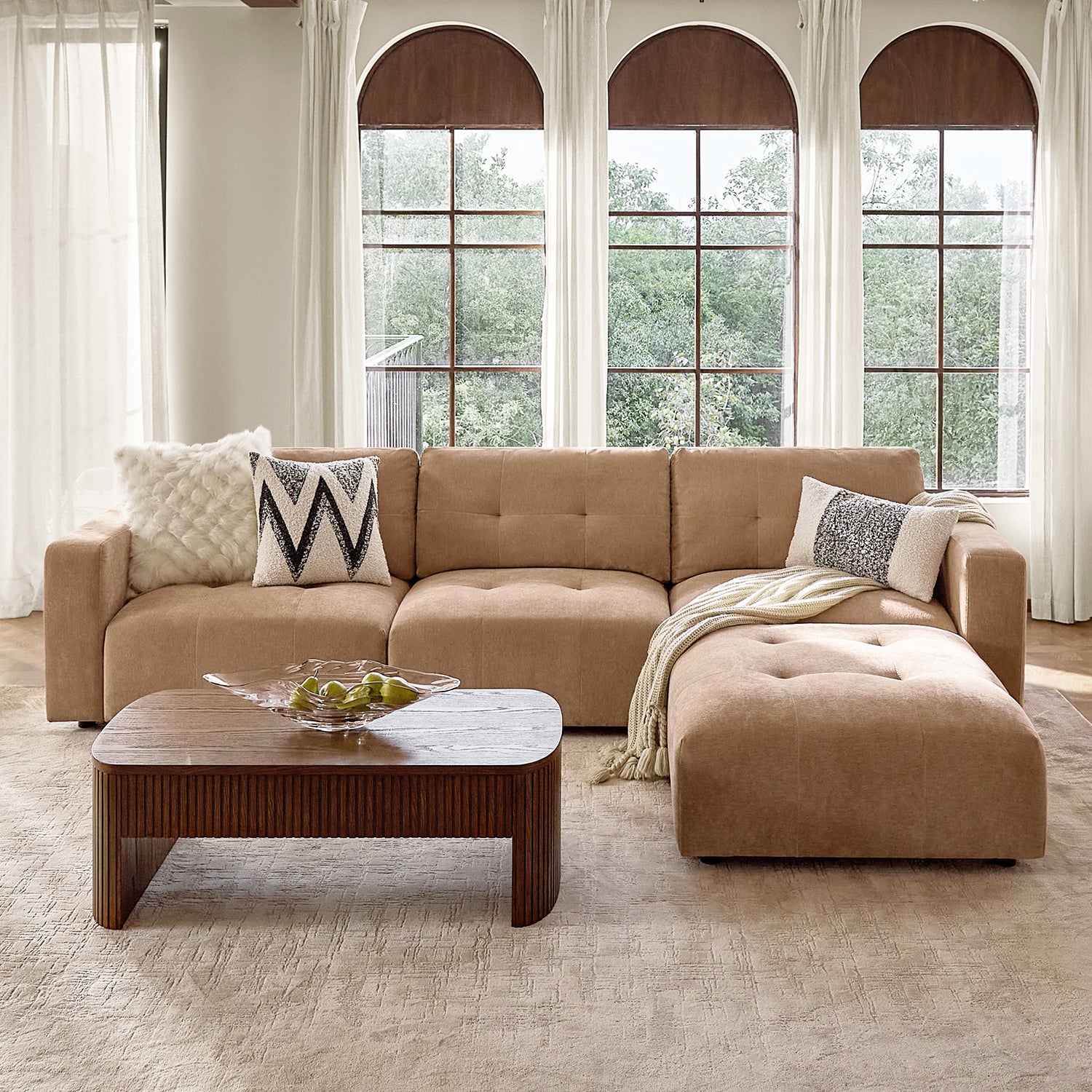 Memosa Deep-Seat Modular Sectional Sofa with Memory Foam Cushions in Camel– Modern Living Room Furniture