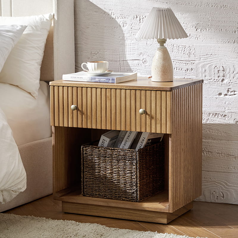 Lina Modern Solid Wood End Table with Charging Station – Slatted Bedside Table with Hidden Storage(Optional Types)