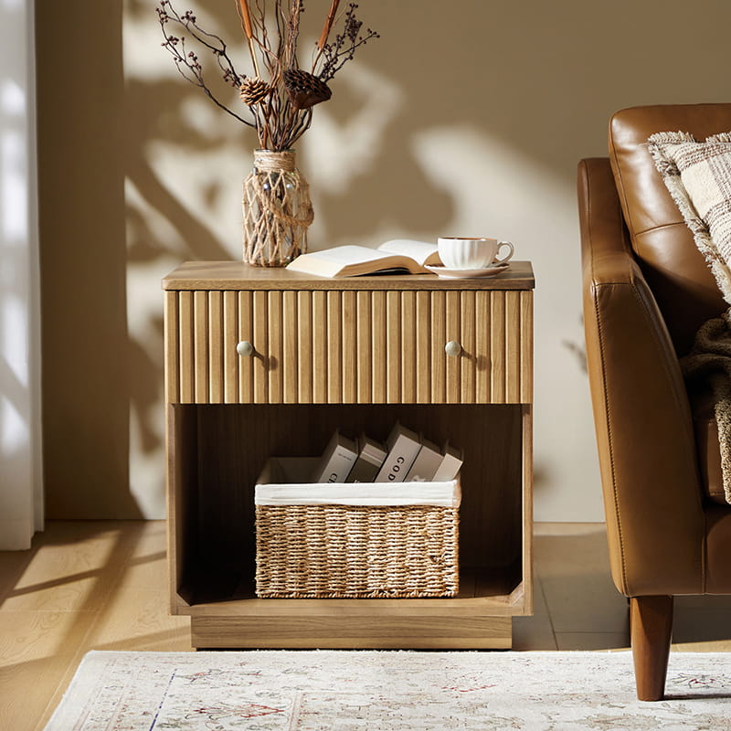 Lina Modern Solid Wood End Table with Charging Station – Slatted Bedside Table with Hidden Storage(Optional Types)