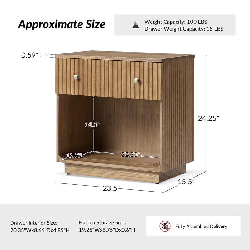 Lina Modern Solid Wood End Table with Charging Station – Slatted Bedside Table with Hidden Storage(Optional Types)