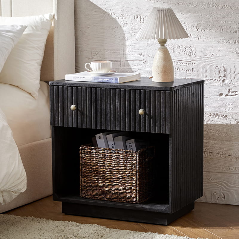 Lina Modern Solid Wood End Table with Charging Station – Slatted Bedside Table with Hidden Storage(Optional Types)