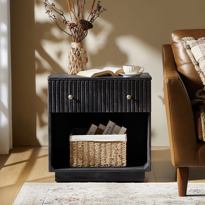 Lina Modern Solid Wood End Table with Charging Station – Slatted Bedside Table with Hidden Storage(Optional Types)