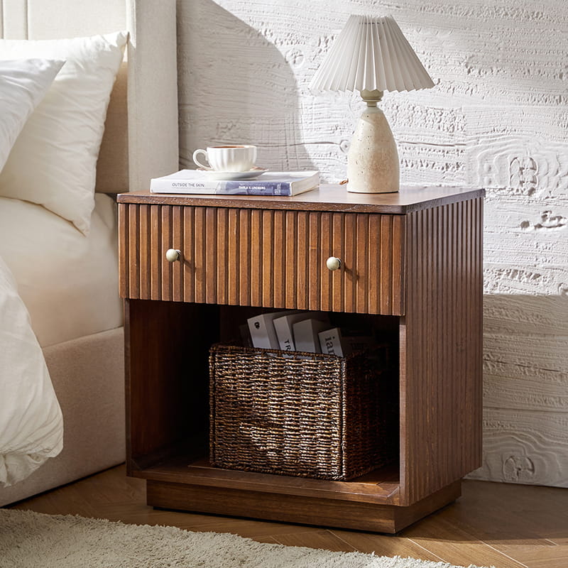 Lina Modern Solid Wood End Table with Charging Station – Slatted Bedside Table with Hidden Storage(Optional Types)