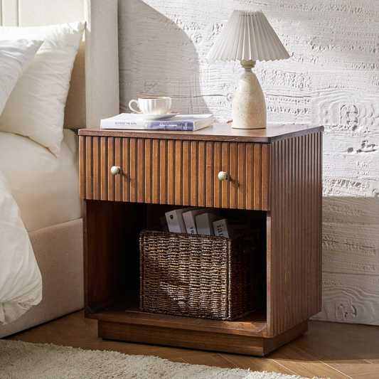 Lina Modern Solid Wood End Table with Charging Station – Slatted Bedside Table with Hidden Storage(Optional Types)