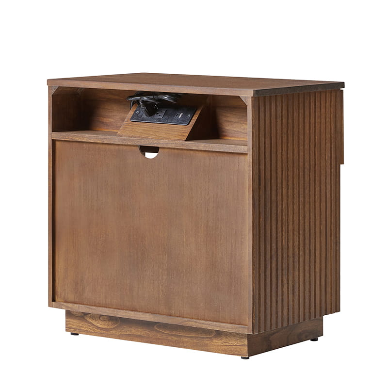 Lina Modern Solid Wood End Table with Charging Station – Slatted Bedside Table with Hidden Storage(Optional Types)