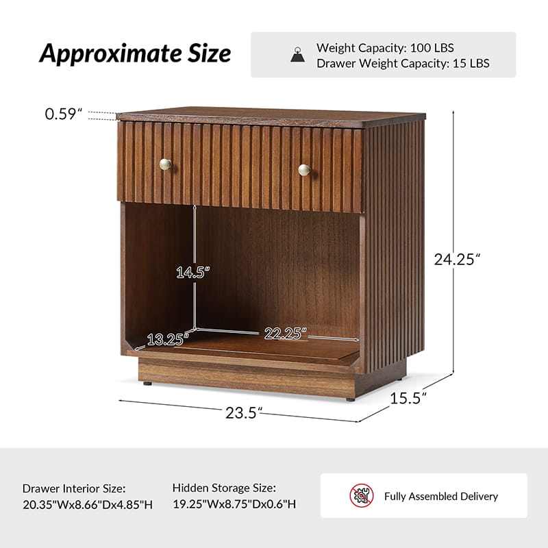 Lina Modern Solid Wood End Table with Charging Station – Slatted Bedside Table with Hidden Storage(Optional Types)