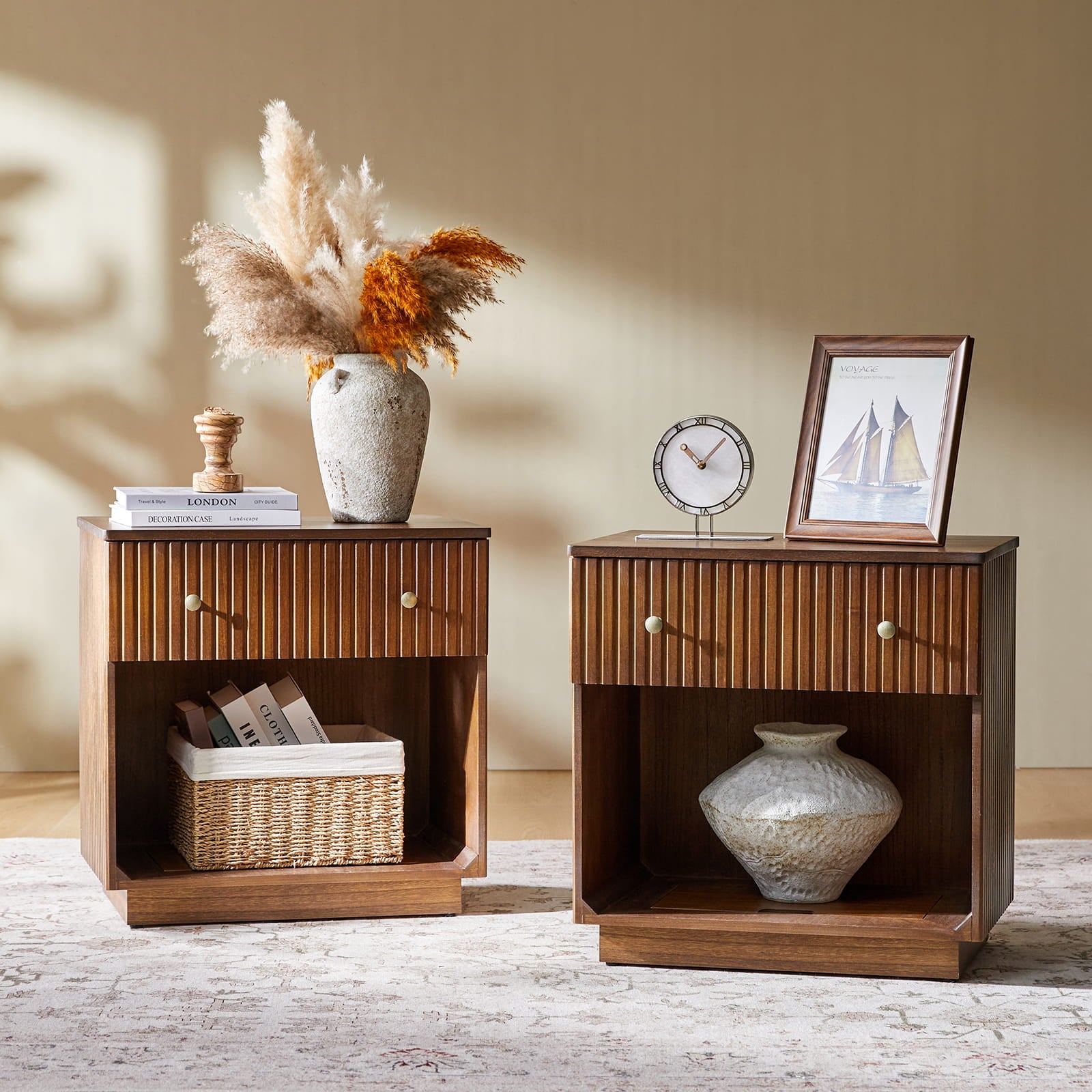 Lina Modern Solid Wood End Table with Charging Station – Slatted Bedside Table with Hidden Storage(Optional Types)