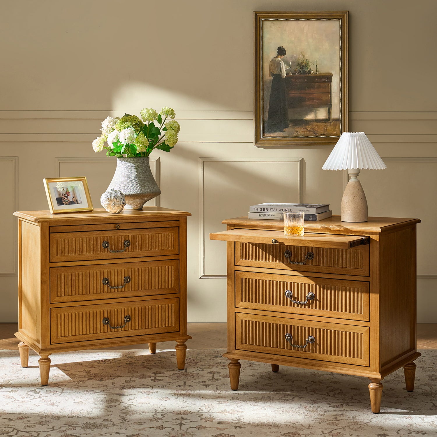Farmhouse Solid Wood End Table with Fluted Drawer(Optional Types)