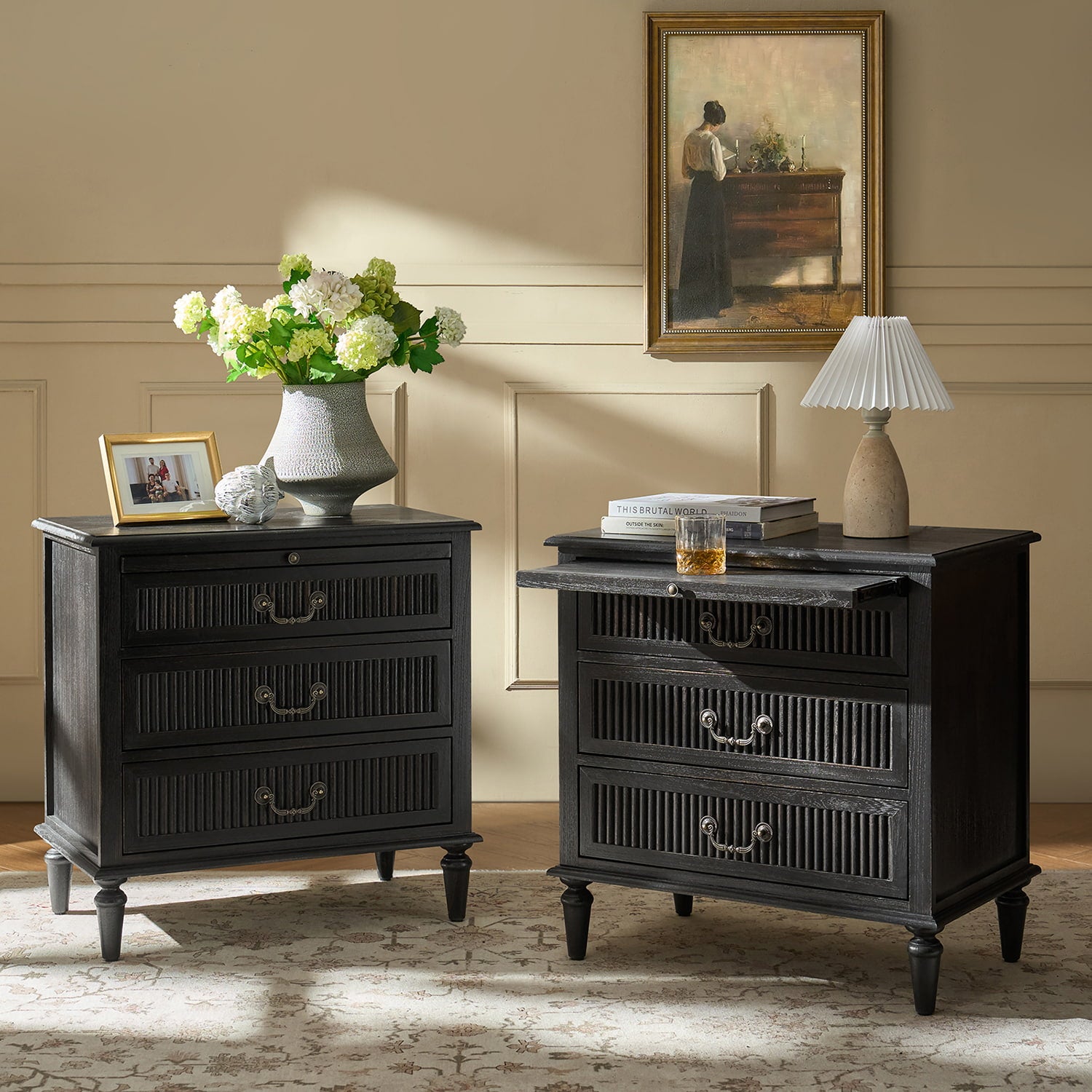 Farmhouse Solid Wood End Table with Fluted Drawer(Optional Types)