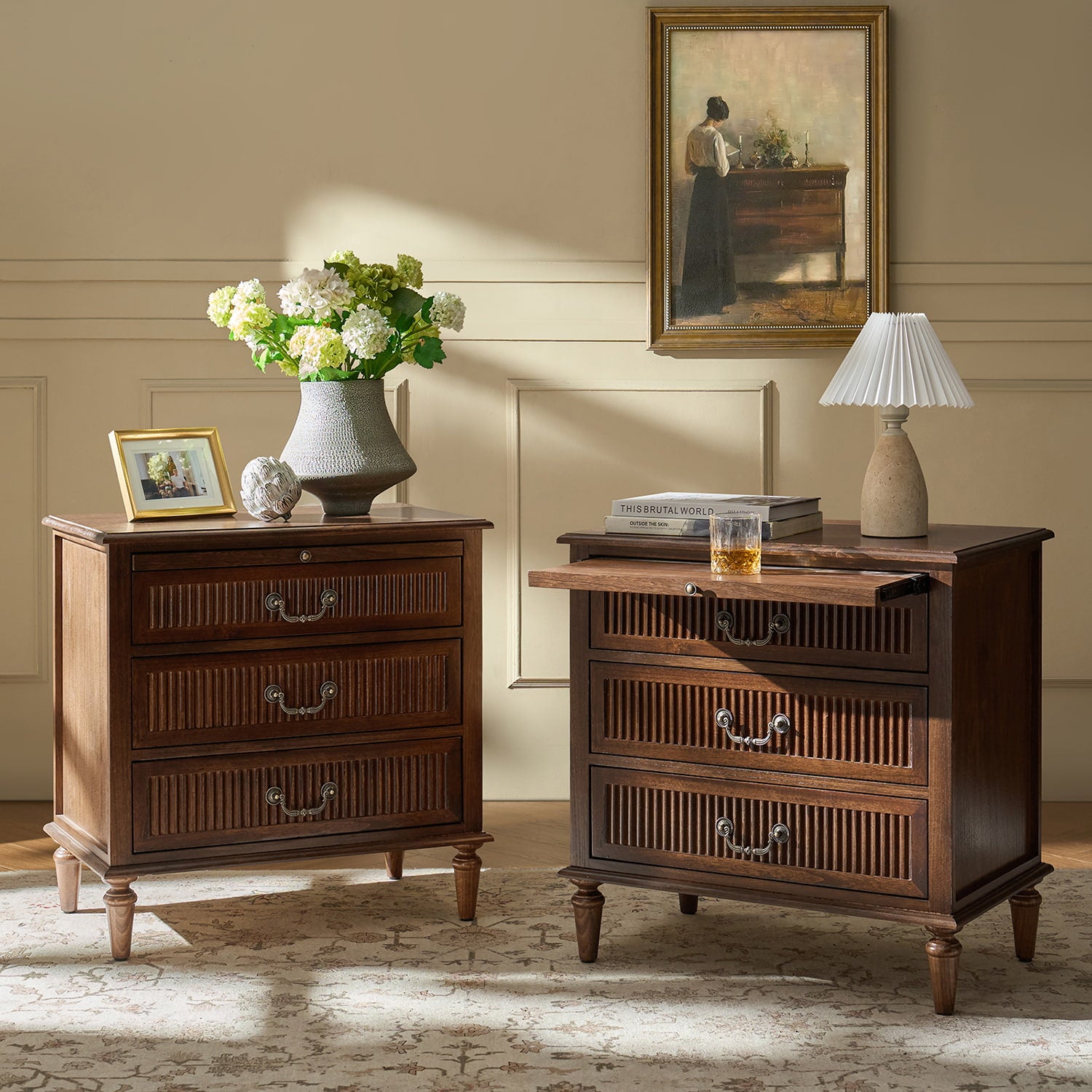 Farmhouse Solid Wood End Table with Fluted Drawer(Optional Types)