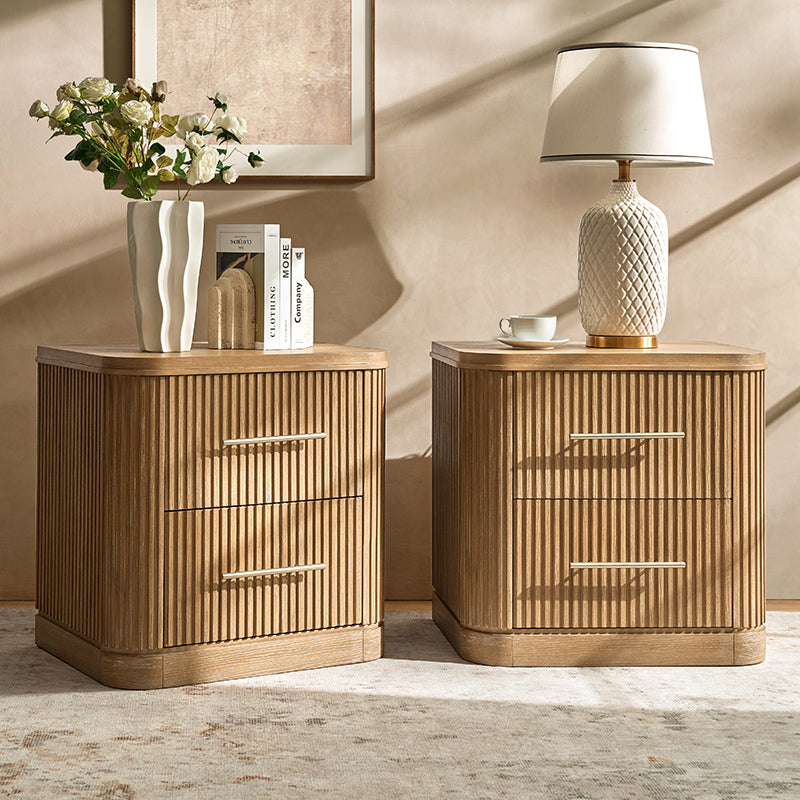 Verral Modern Solid Wood Fluted Nightstand with USB & Oak Texture