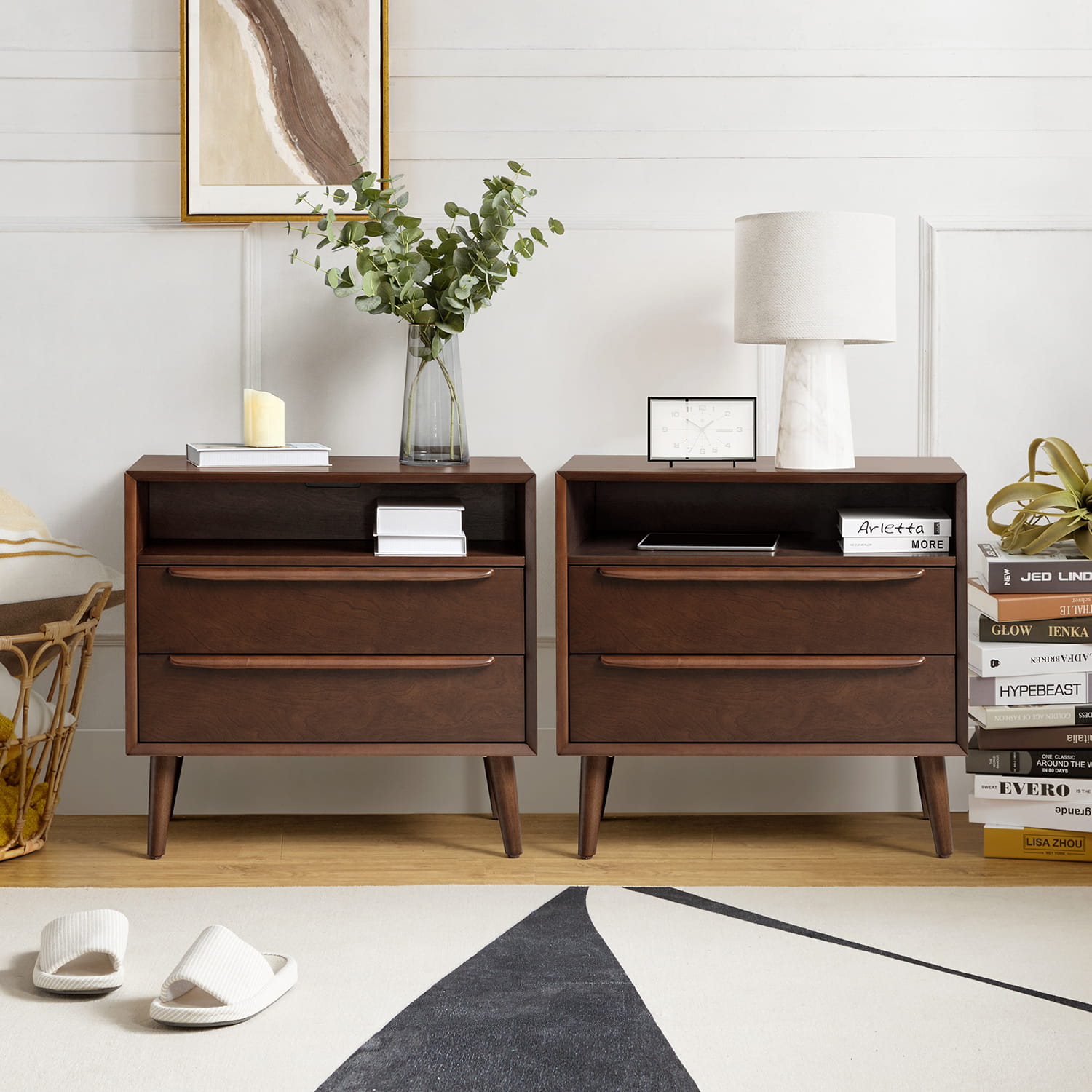 Lilian 2 - Drawer Mid Century End Table with Built-in Outlets(Optional Types)