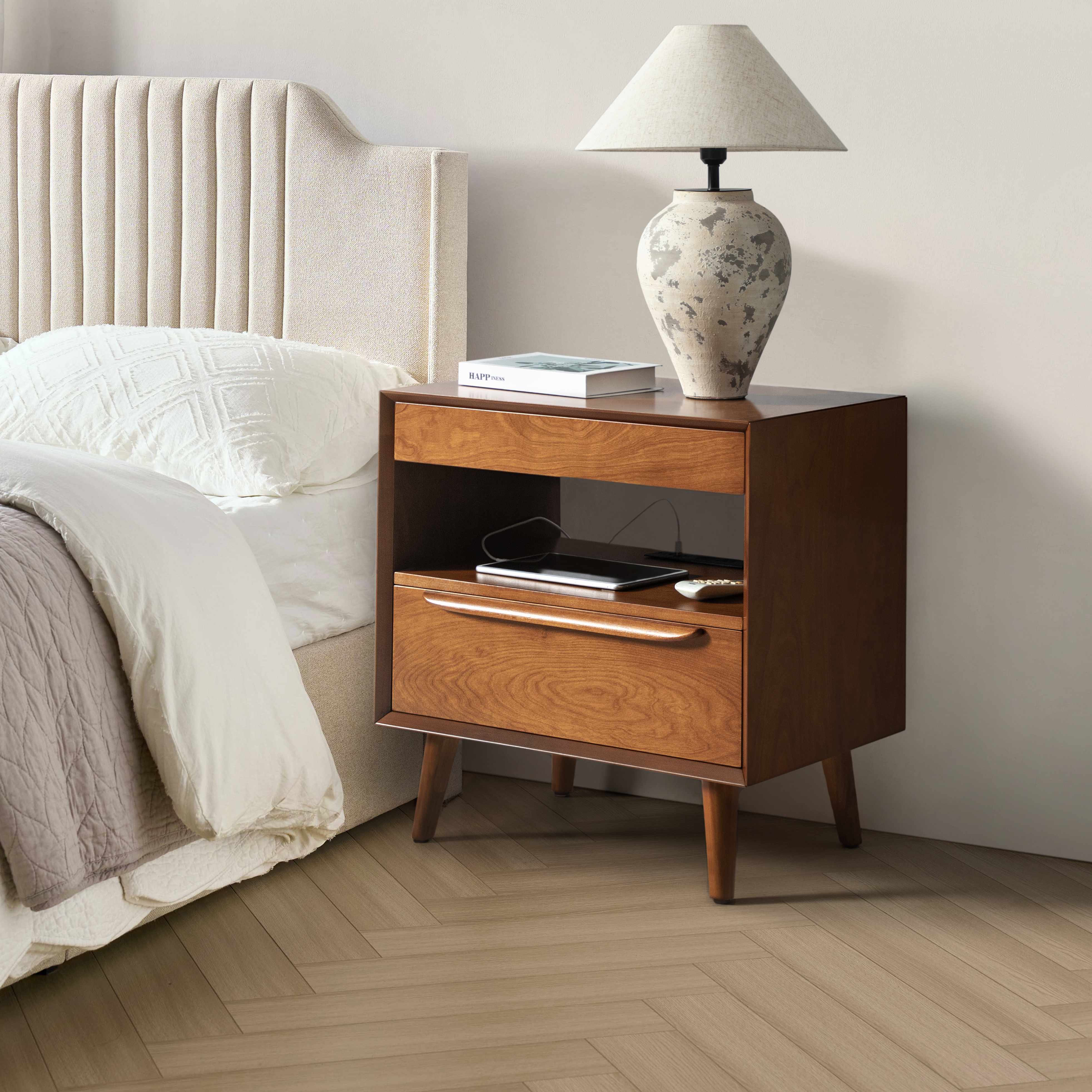 Giralda 2-Drawer Mid-century Modern End Table with Built-In Outlets(Optional Types)