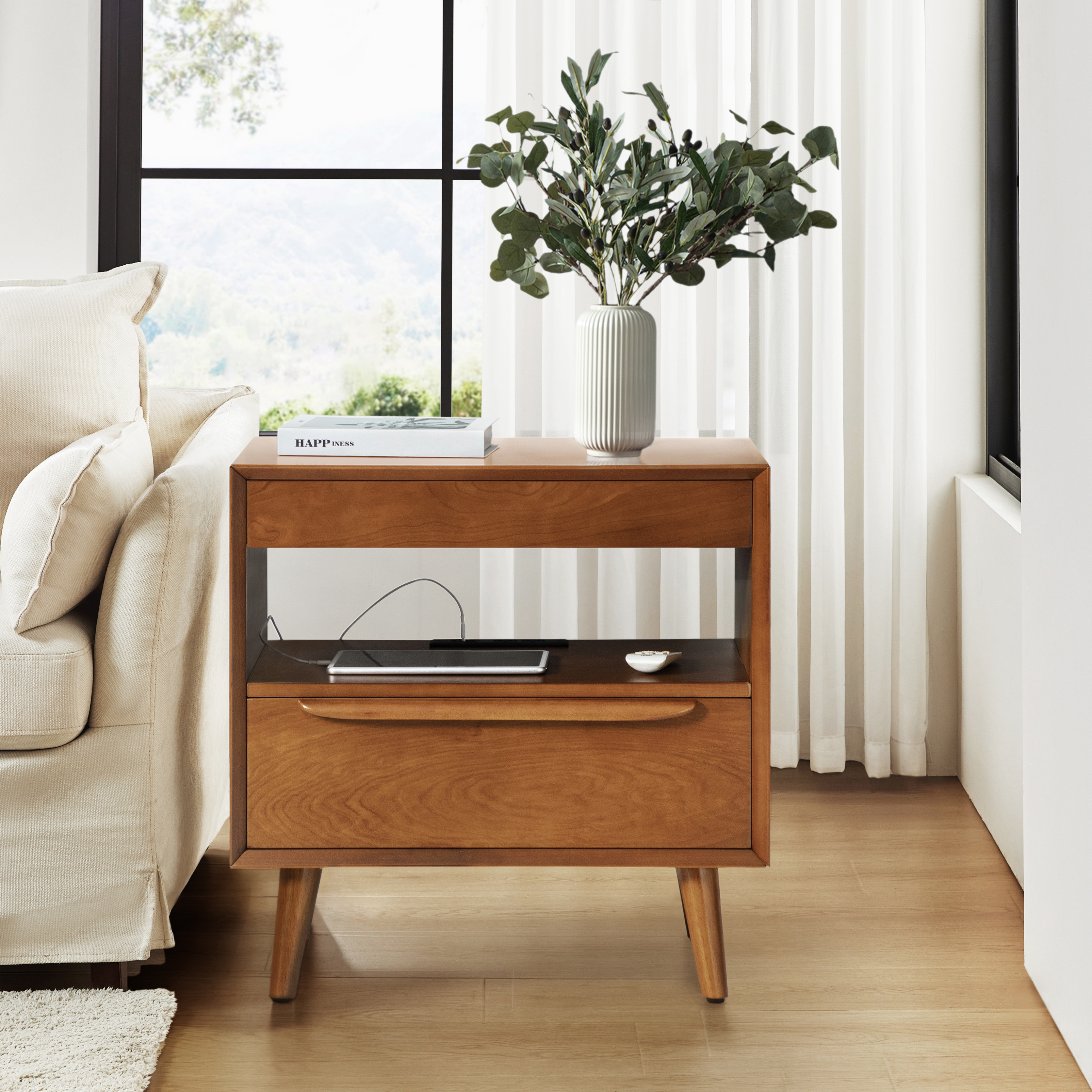 Giralda 2-Drawer Mid-century Modern End Table with Built-In Outlets(Optional Types)