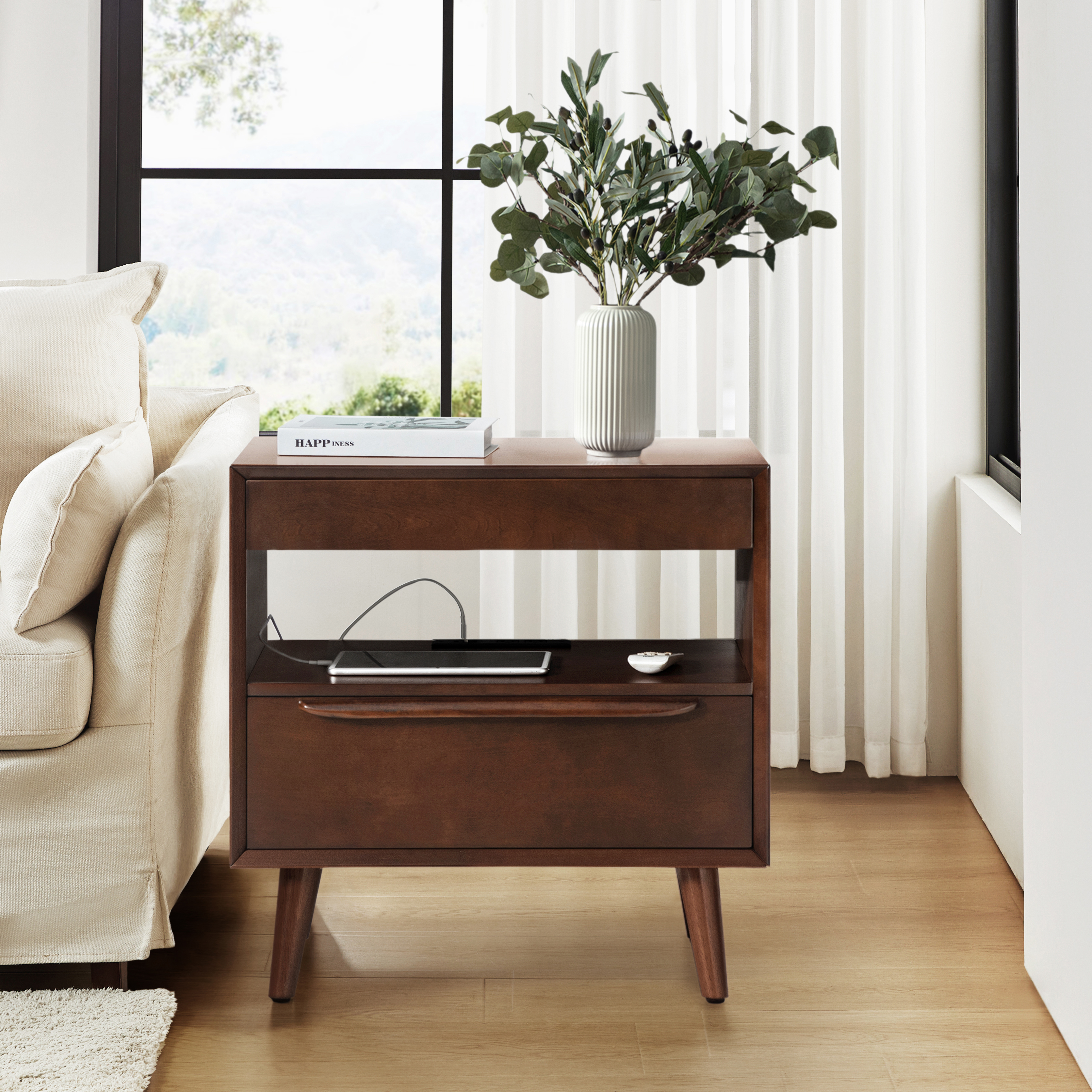 Giralda 2-Drawer Mid-century Modern End Table with Built-In Outlets(Optional Types)