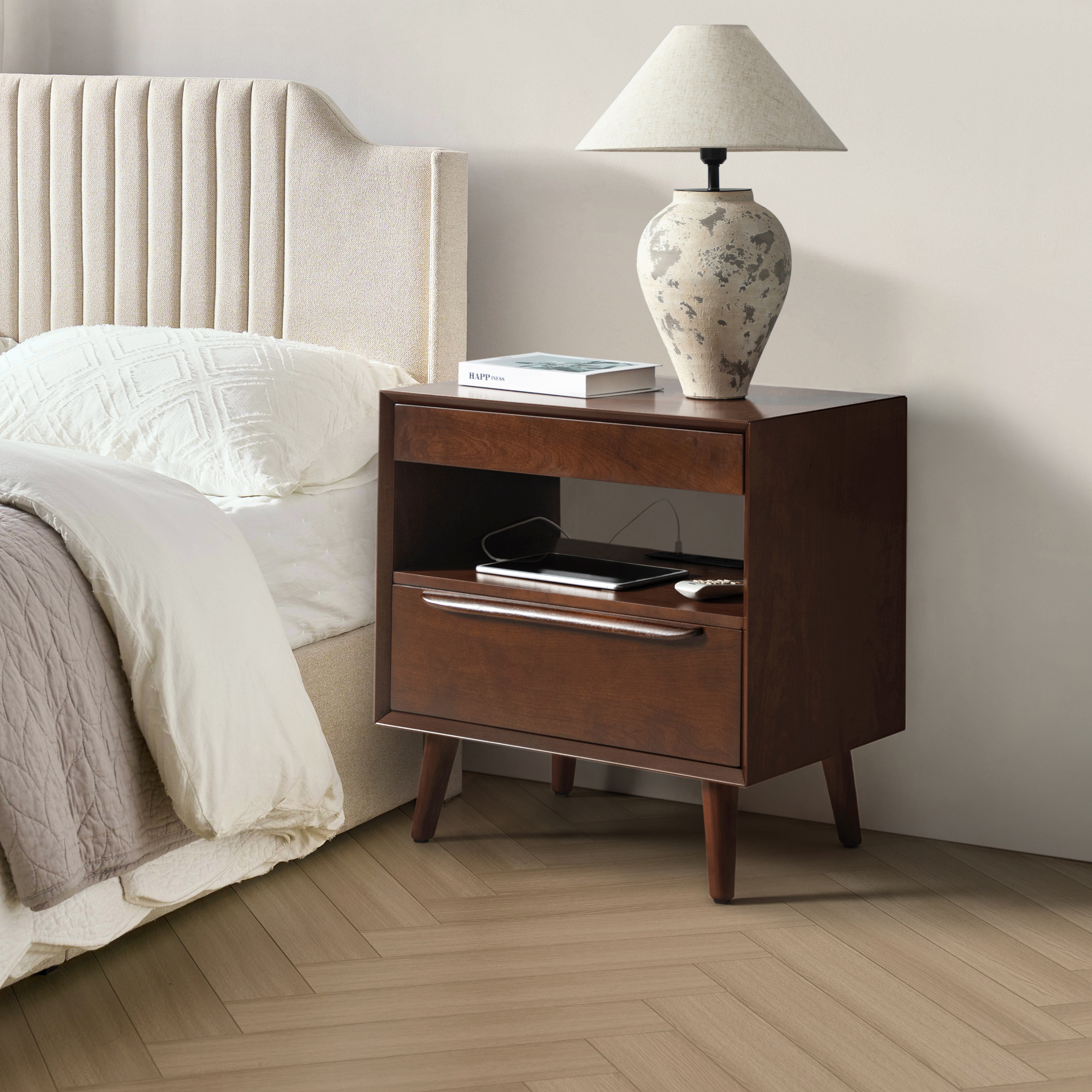 Giralda 2-Drawer Mid-century Modern End Table with Built-In Outlets(Optional Types)