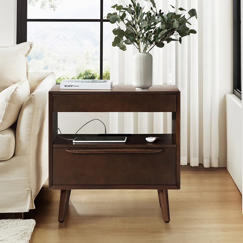 Giralda 2-Drawer Mid-century Modern End Table with Built-In Outlets(Optional Types)
