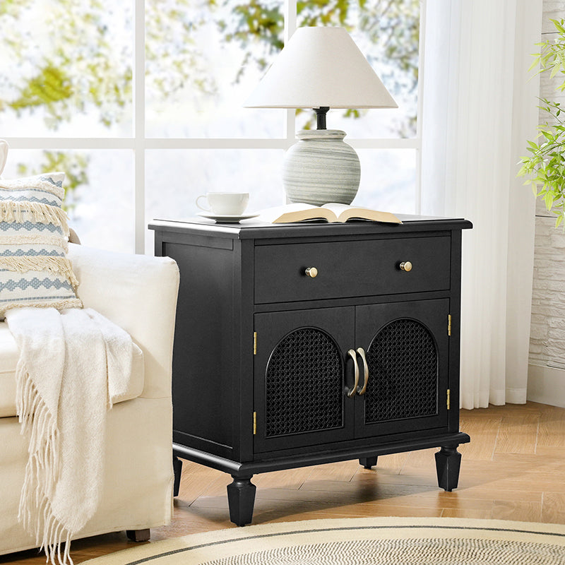 Camilo 27" Tall Arched Faux Rattan End Table With Built-In Outlets