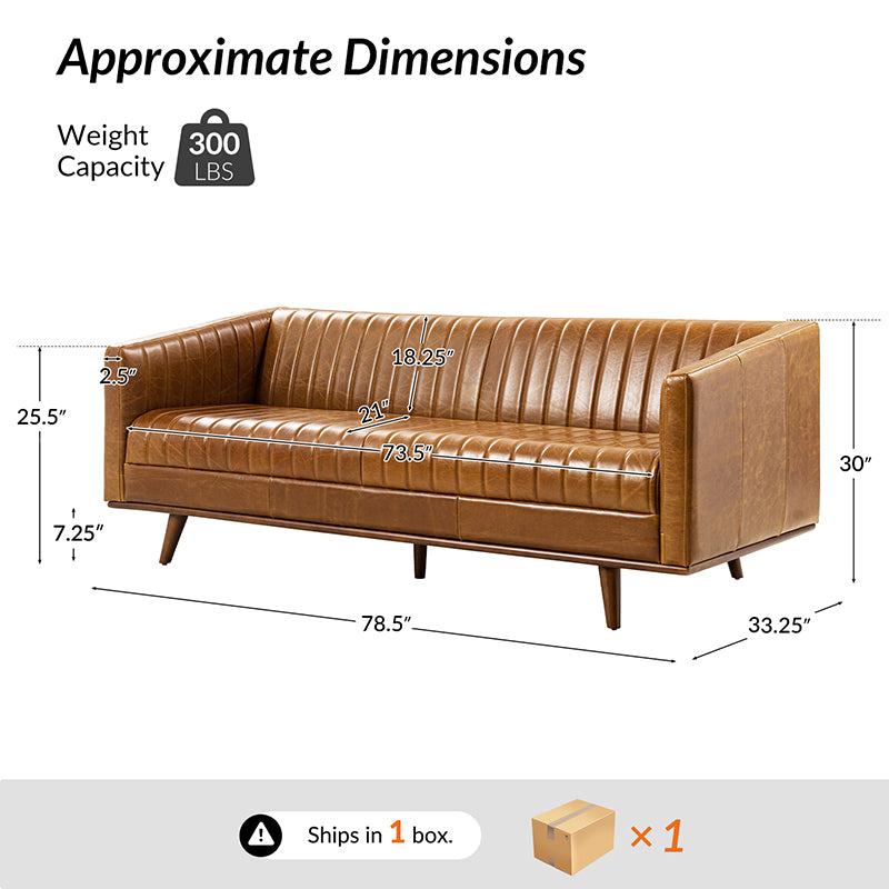 Gaia Mid-Century Genuine Leather Sofa with Vertical Channel Tufting