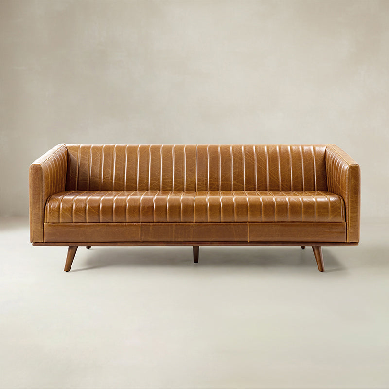 Gaia Mid-Century Genuine Leather Sofa with Vertical Channel Tufting
