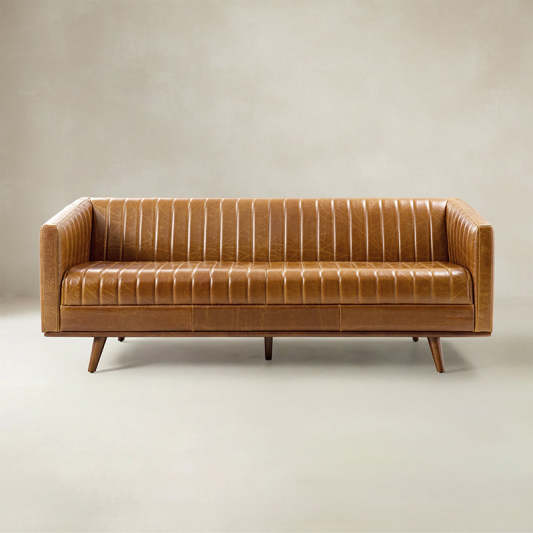 Gaia Mid-Century Genuine Leather Sofa with Vertical Channel Tufting