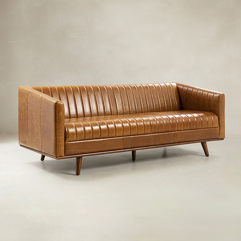 Gaia Mid-Century Genuine Leather Sofa with Vertical Channel Tufting