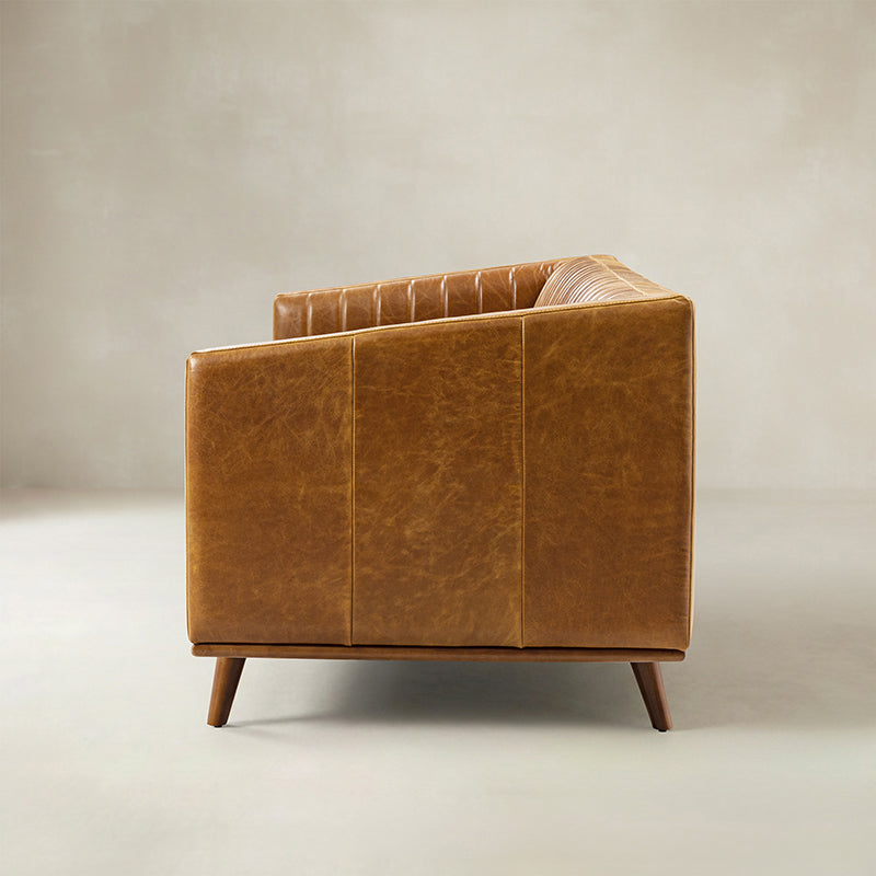 Gaia Mid-Century Genuine Leather Sofa with Vertical Channel Tufting
