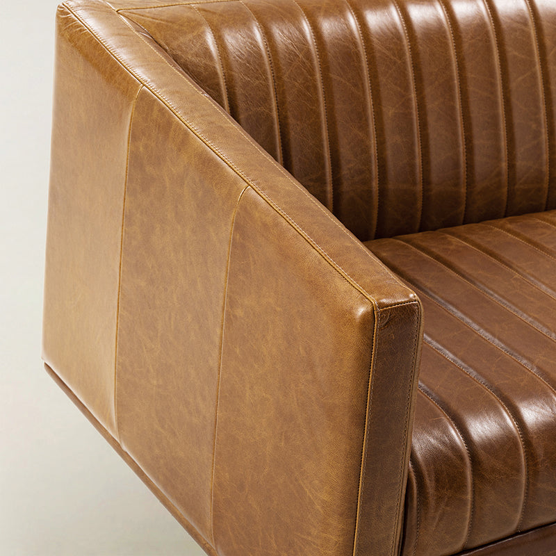 Gaia Mid-Century Genuine Leather Sofa with Vertical Channel Tufting