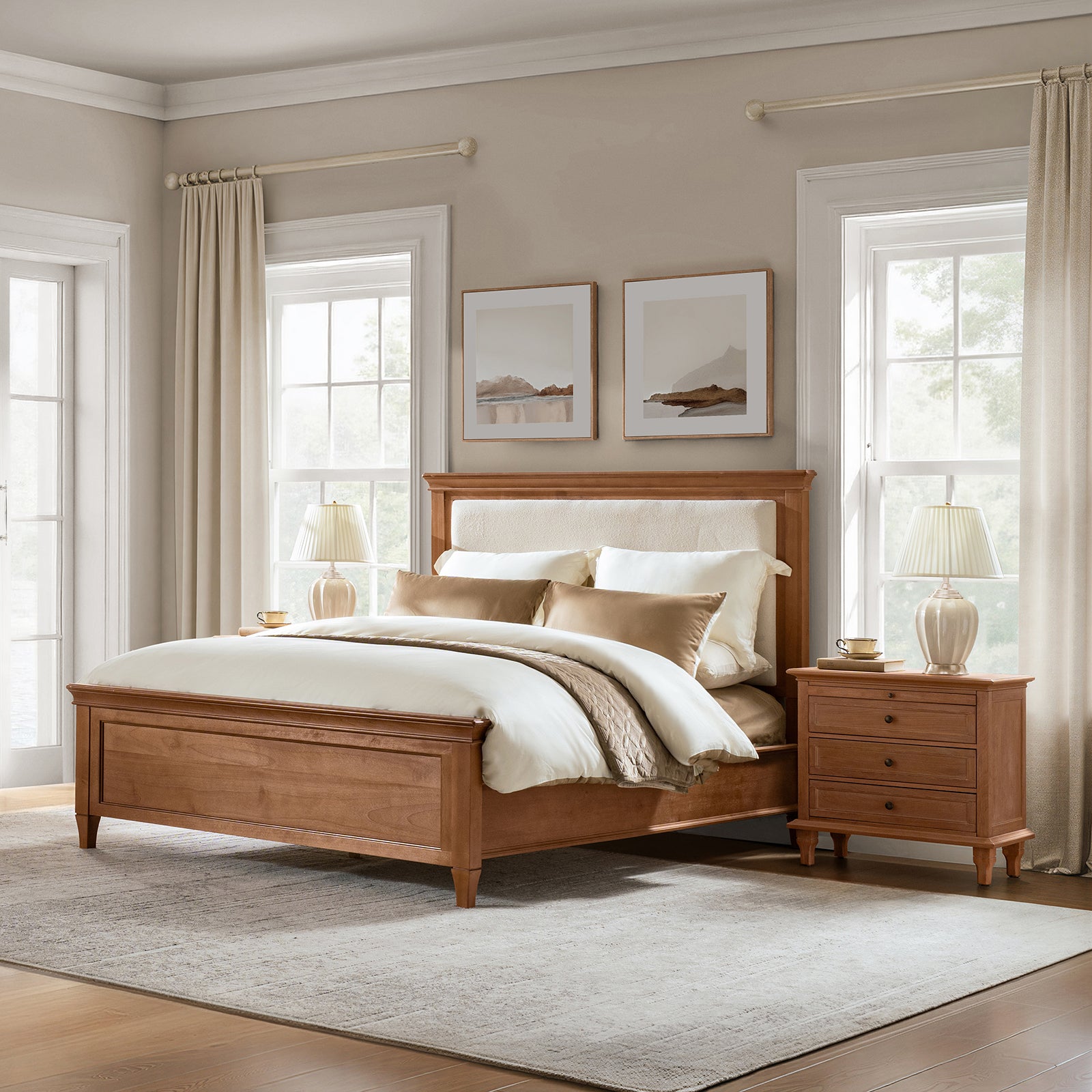Traditional Solid Wood Bed with Upholstered Headboard