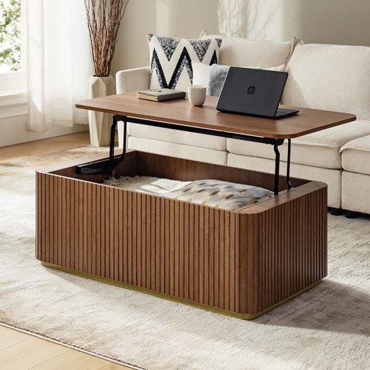 Multifunctional Slatted Design Lift-Top Coffee Table with Hidden Storage and Drawers