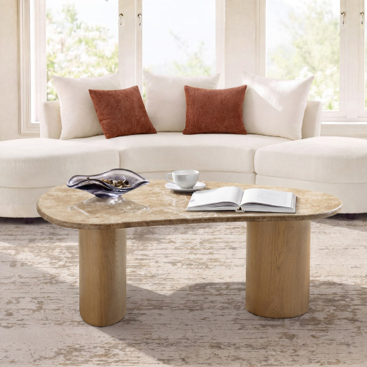 Francisco Modern Oval Coffee Table with Marble Top and Wooden Legs