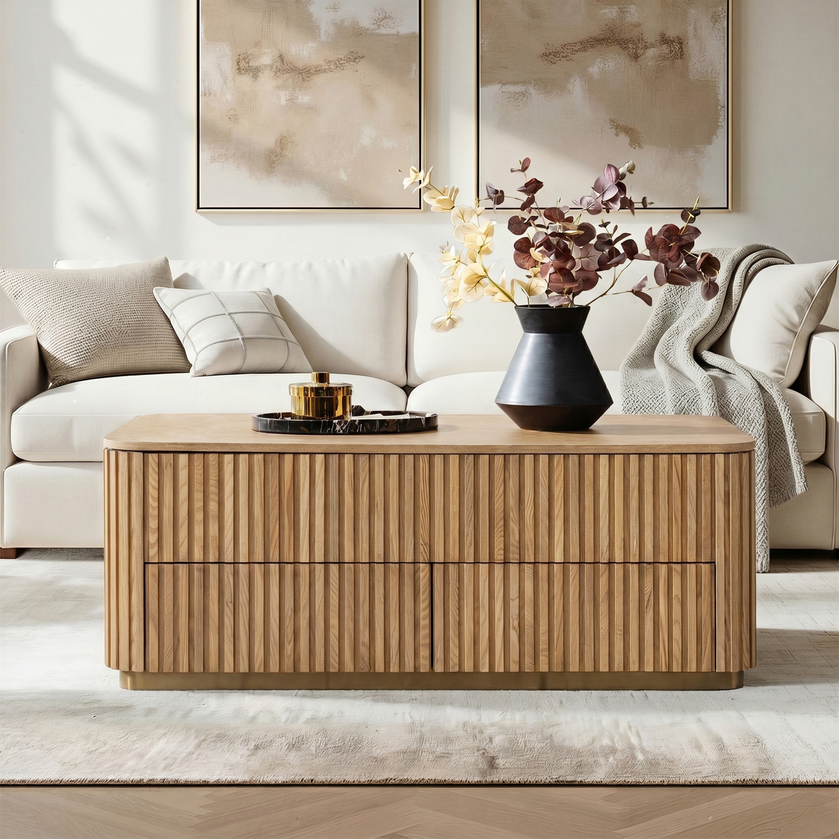Multifunctional Slatted Design Lift-Top Coffee Table with Hidden