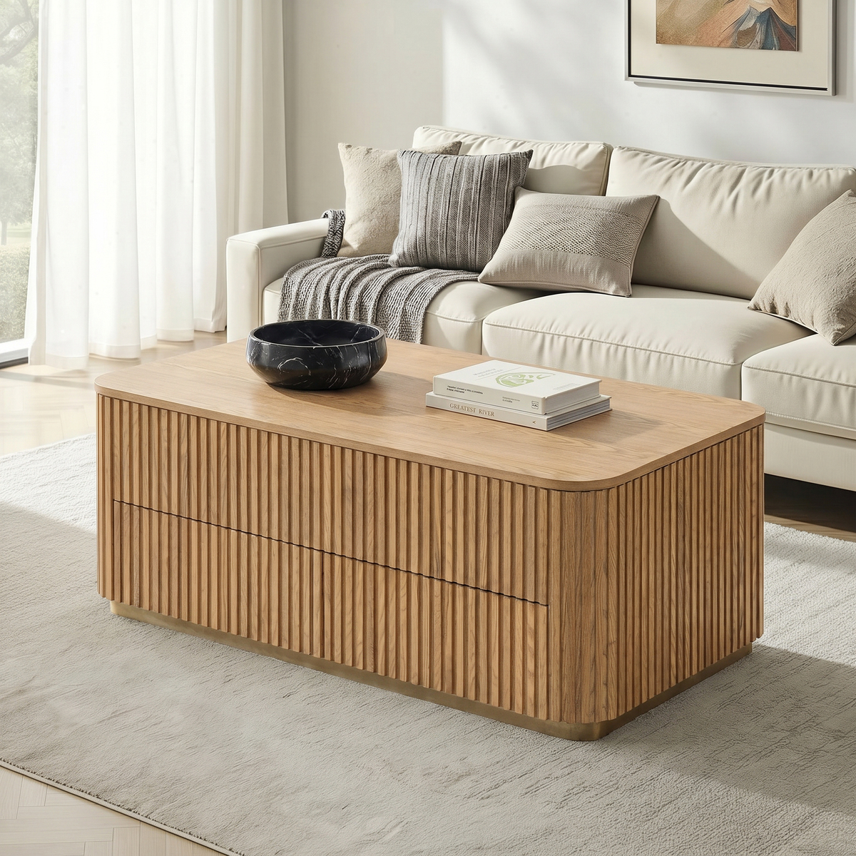 Multifunctional Slatted Design Lift-Top Coffee Table | Hulala Home
