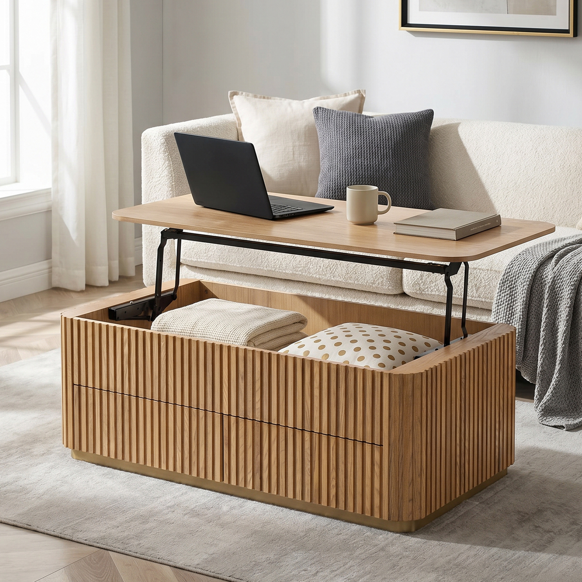 Multifunctional Slatted Design Lift-Top Coffee Table with Hidden