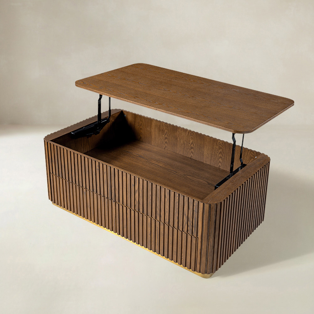 Multifunctional Slatted Design Lift-Top Coffee Table with Hidden Storage and Drawers